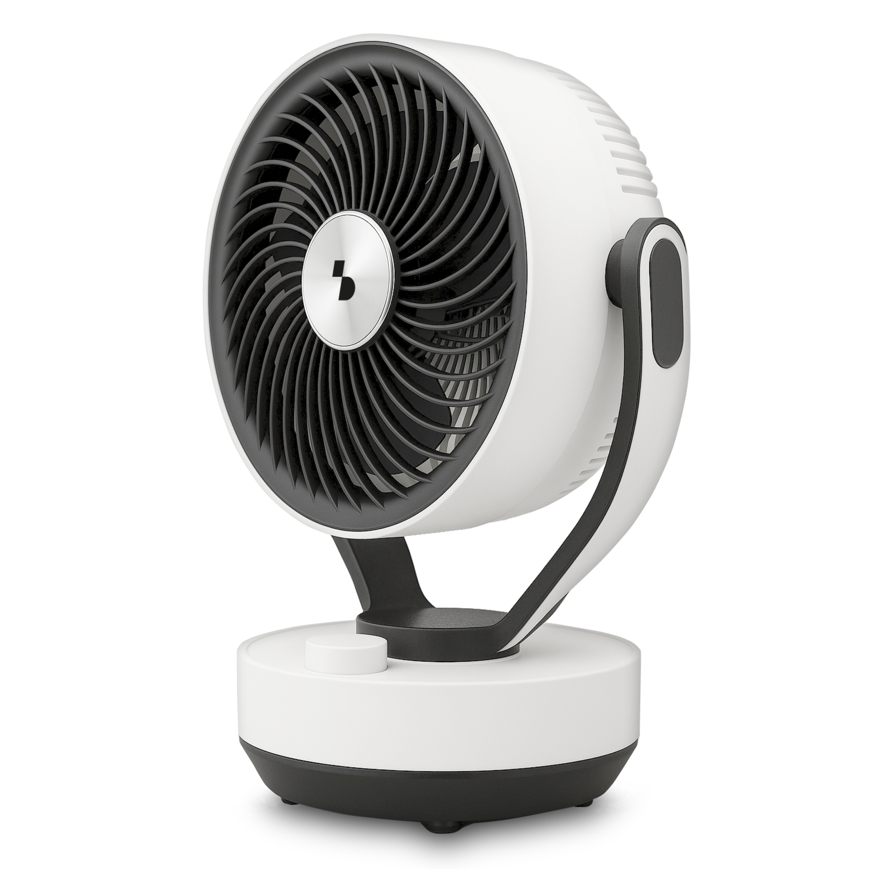 Un ventilatore da tavolo bianco con griglia e manico neri su base rotonda.