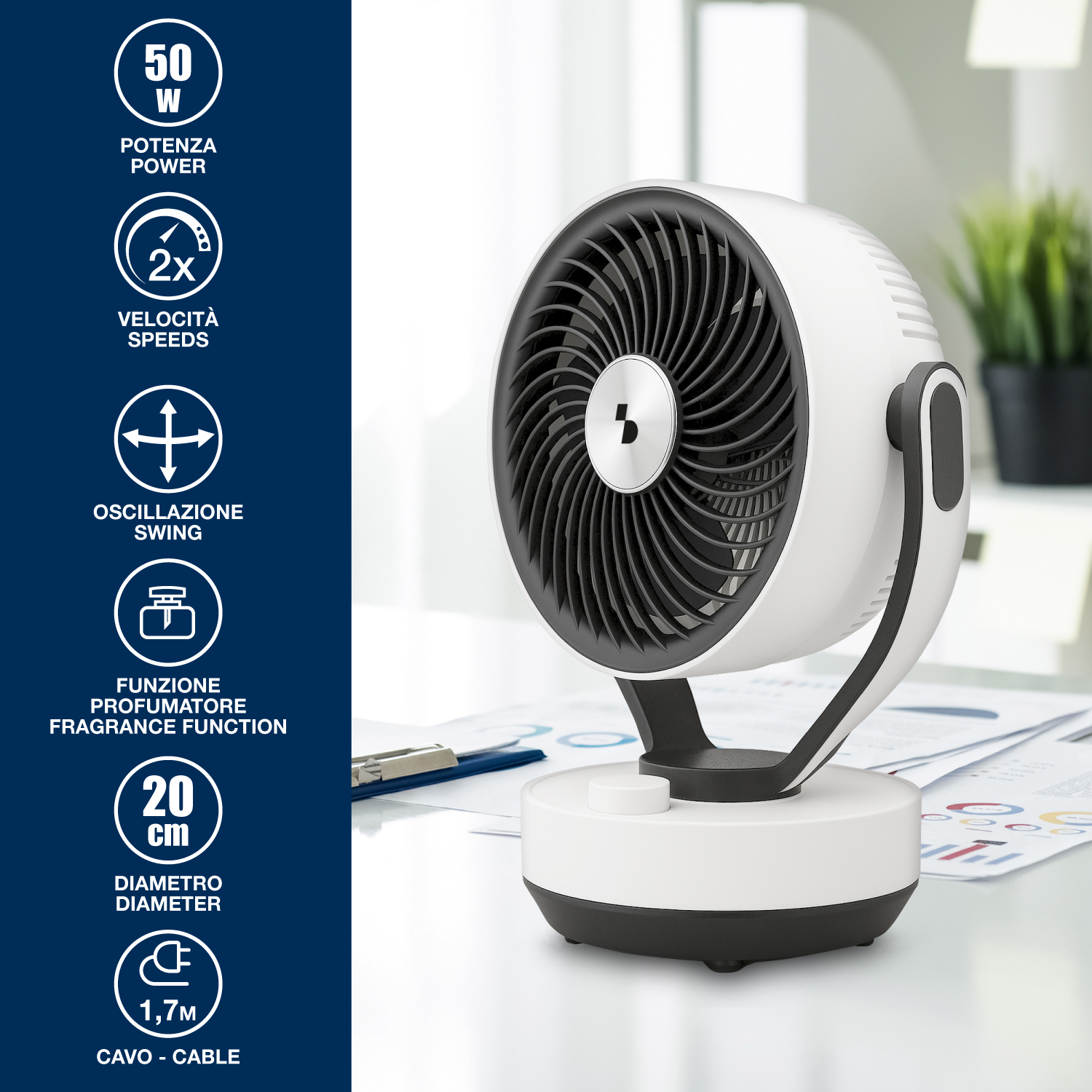 Un ventilatore bianco con accenti neri su una scrivania con documenti.