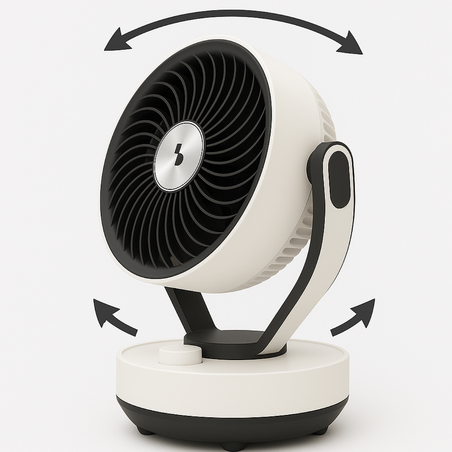 Ventilatore bianco con griglia nera, che mostra il movimento oscillante con frecce.