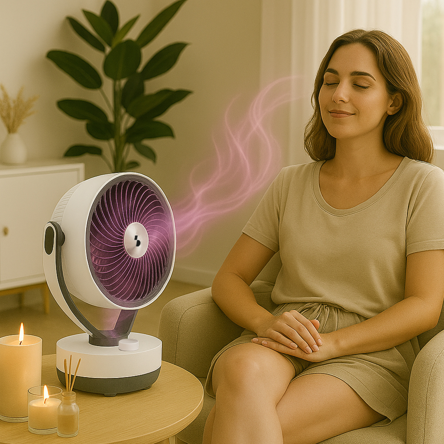 Una donna seduta rilassata davanti a un ventilatore che produce un flusso d'aria delicato.