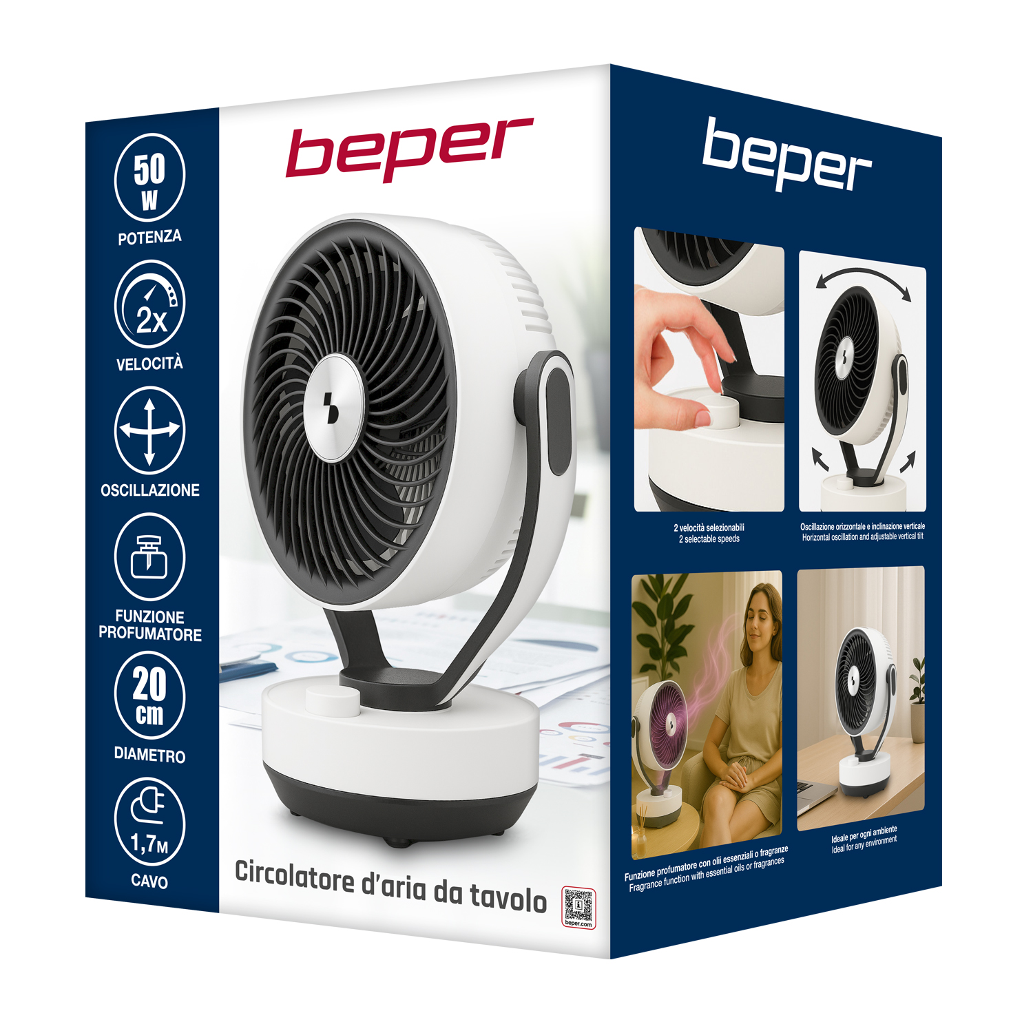 Ventilatore da tavolo bianco con griglia nera e funzioni oscillanti.
