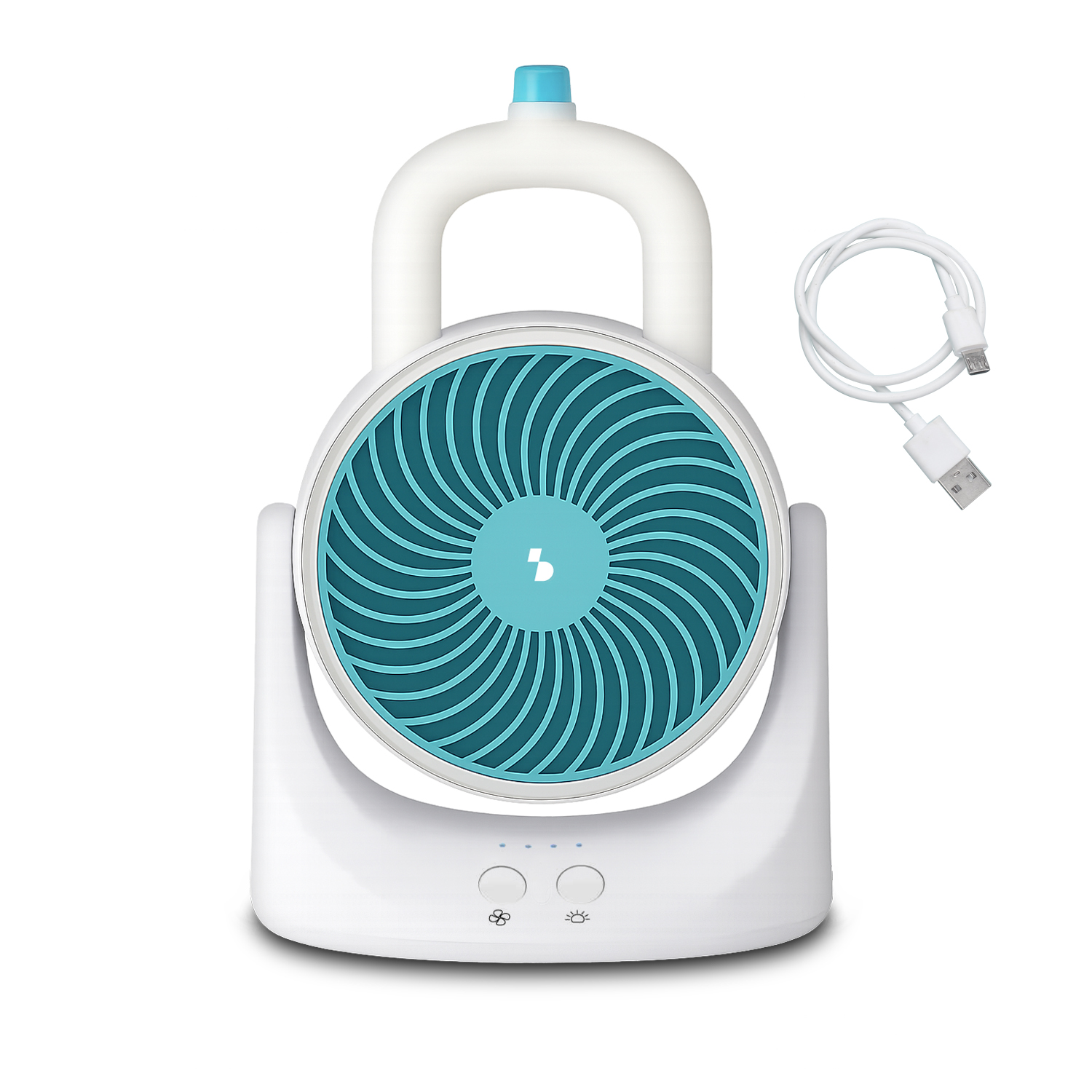 Ventilatore portatile bianco con griglia blu e cavo USB bianco su sfondo bianco.