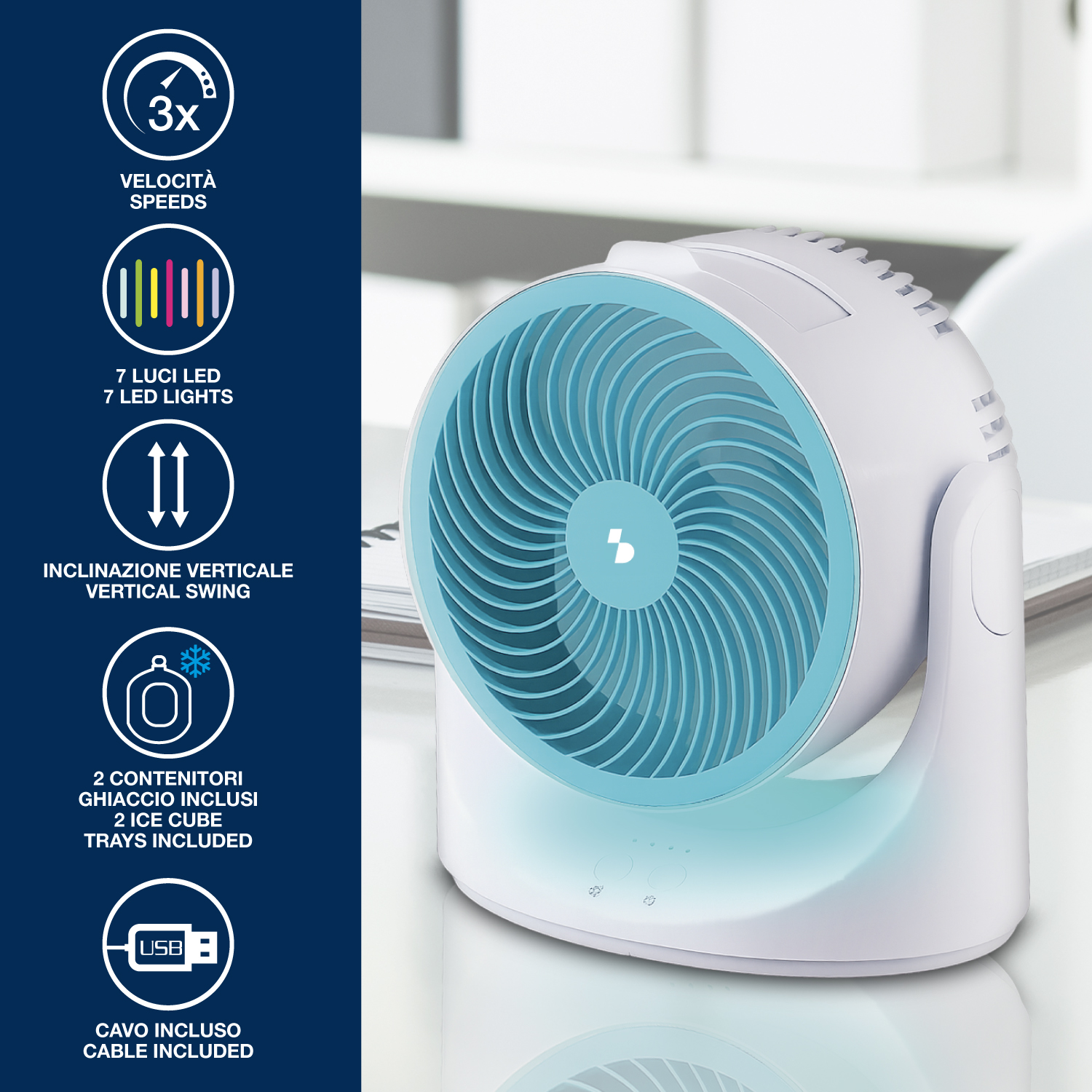 Ventilatore da tavolo bianco con griglia blu e icone delle funzionalità a sinistra.
