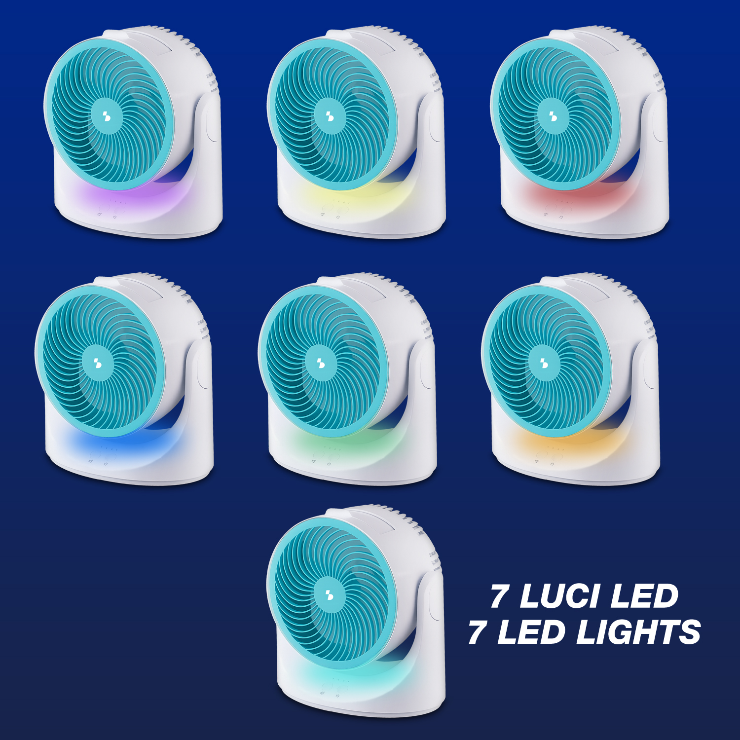 Una ventola bianca con griglia turchese, illuminata da sette diversi colori LED.