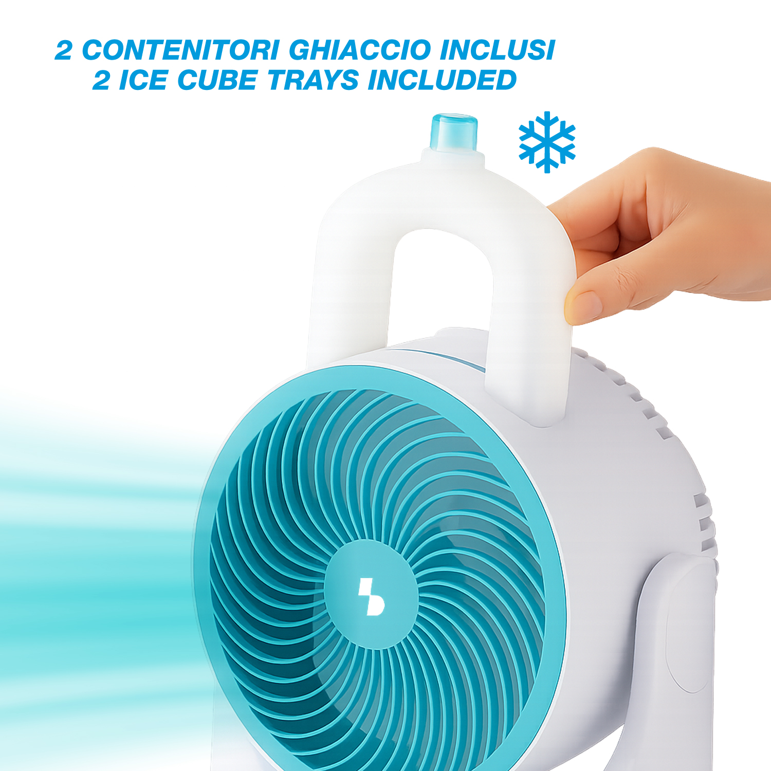Ventilatore portatile con ventola blu e scocca bianca.