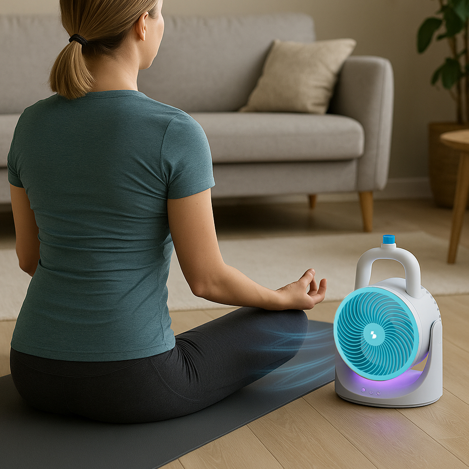 Donna medita vicino a ventilatore bianco con griglia blu su pavimento in legno.