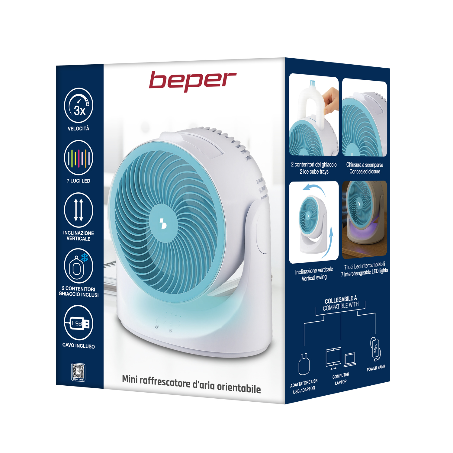 Un ventilatore portatile blu e bianco con connessione USB e luci LED.