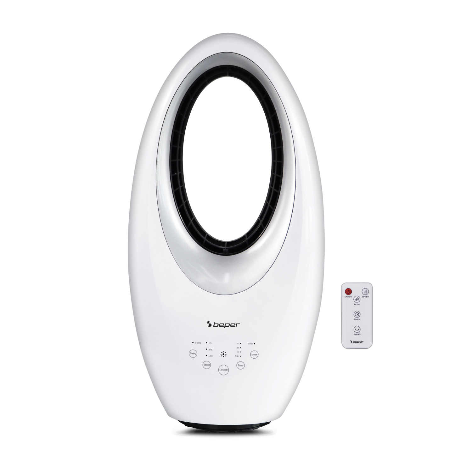 Ventilatore bianco senza pale con telecomando su sfondo bianco.