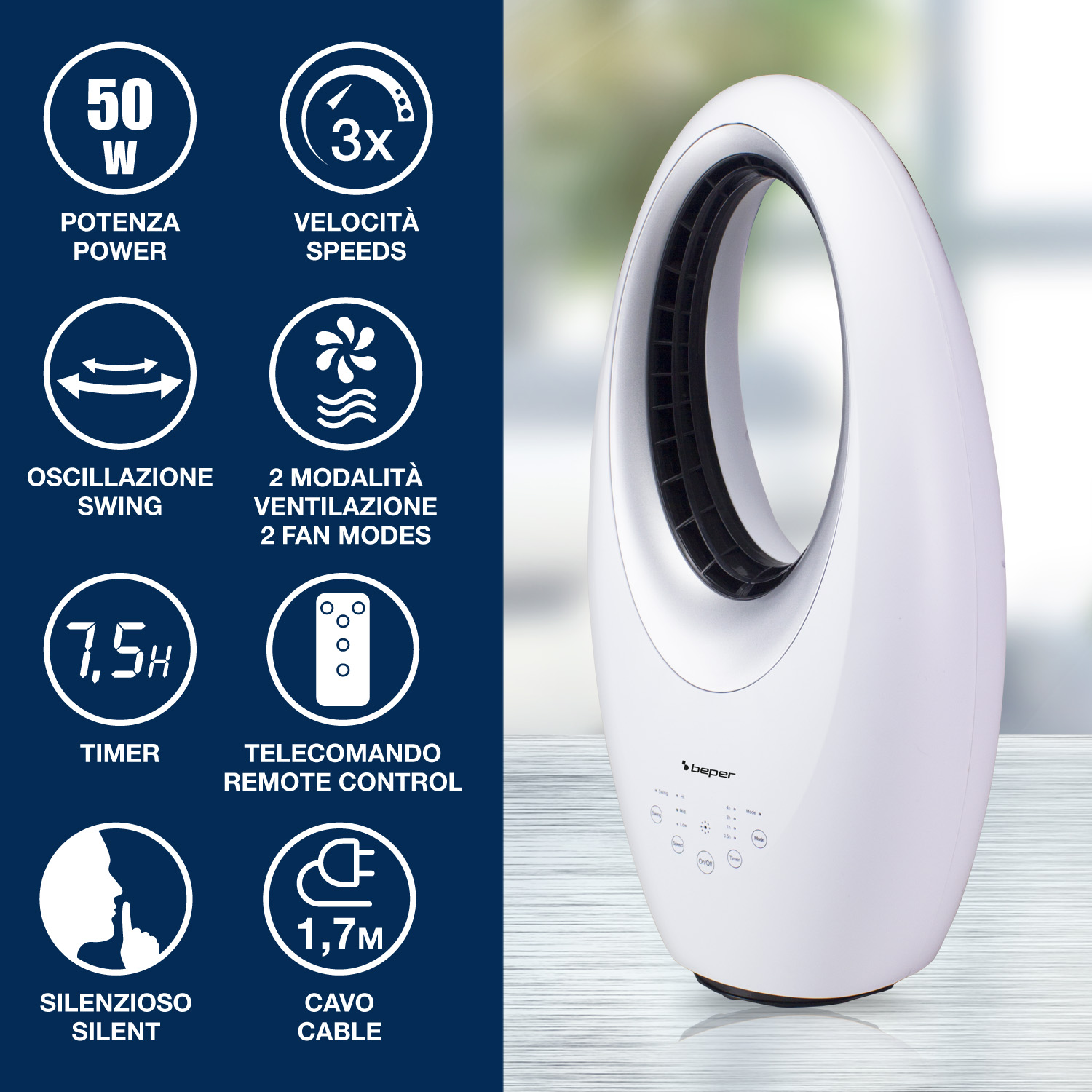 Ventilatore a torre bianco con icone per potenza, velocità, timer e telecomando. Potenza 50W.