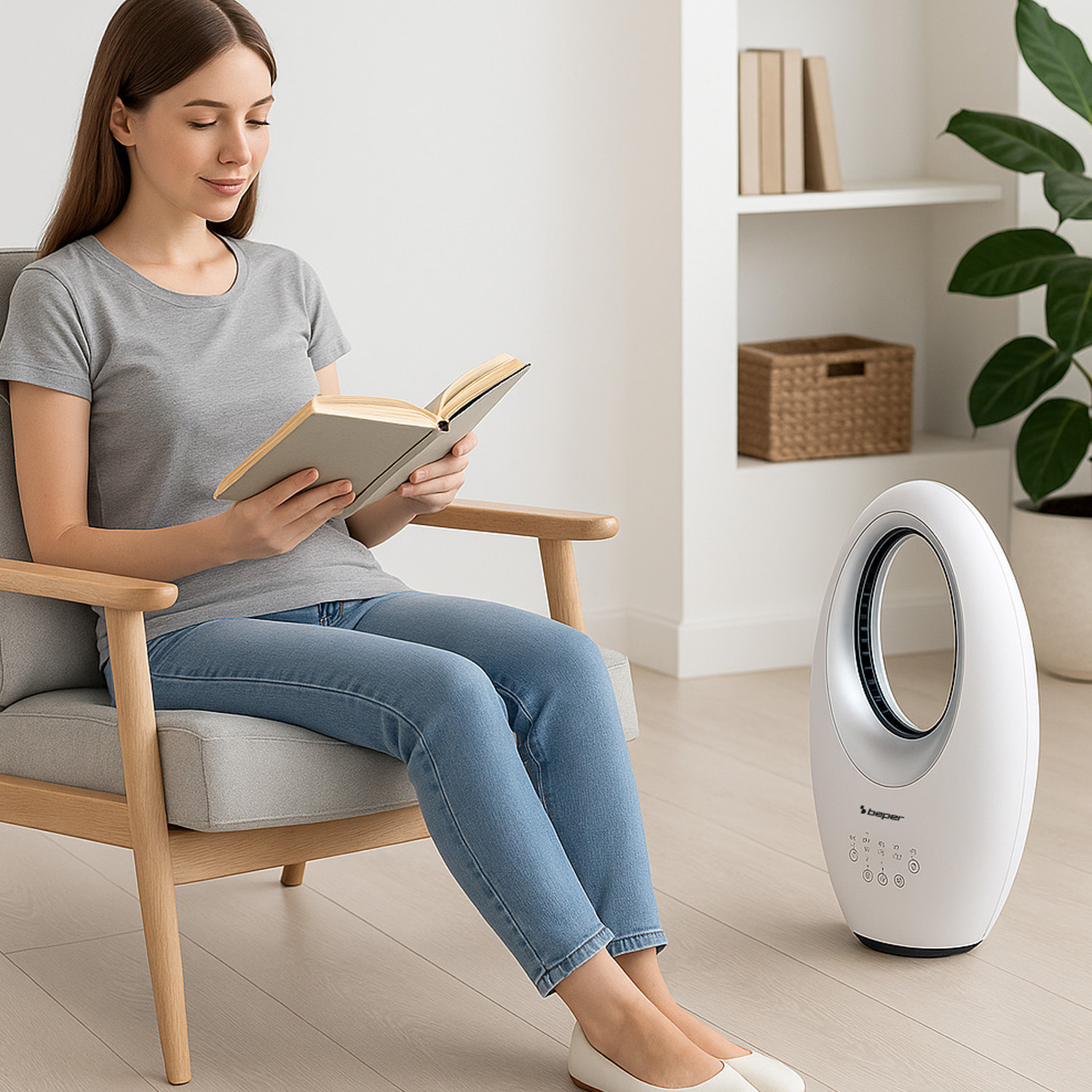 Donna in maglietta grigia e jeans legge libro su poltrona vicino a ventilatore bianco.