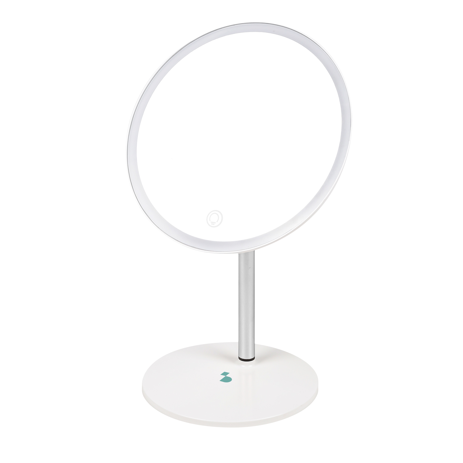 Uno specchio per il trucco rotondo con illuminazione a LED e supporto argentato su base bianca.