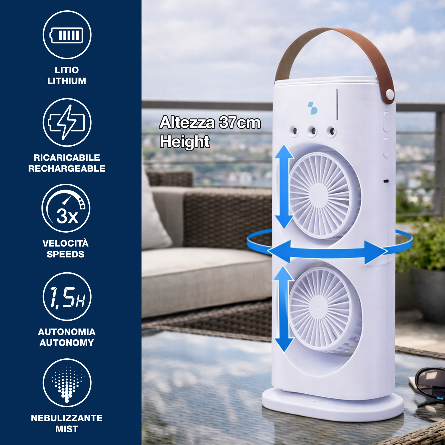 Ventilatore portatile bianco a due ventole, alto 37cm, su tavolo esterno.