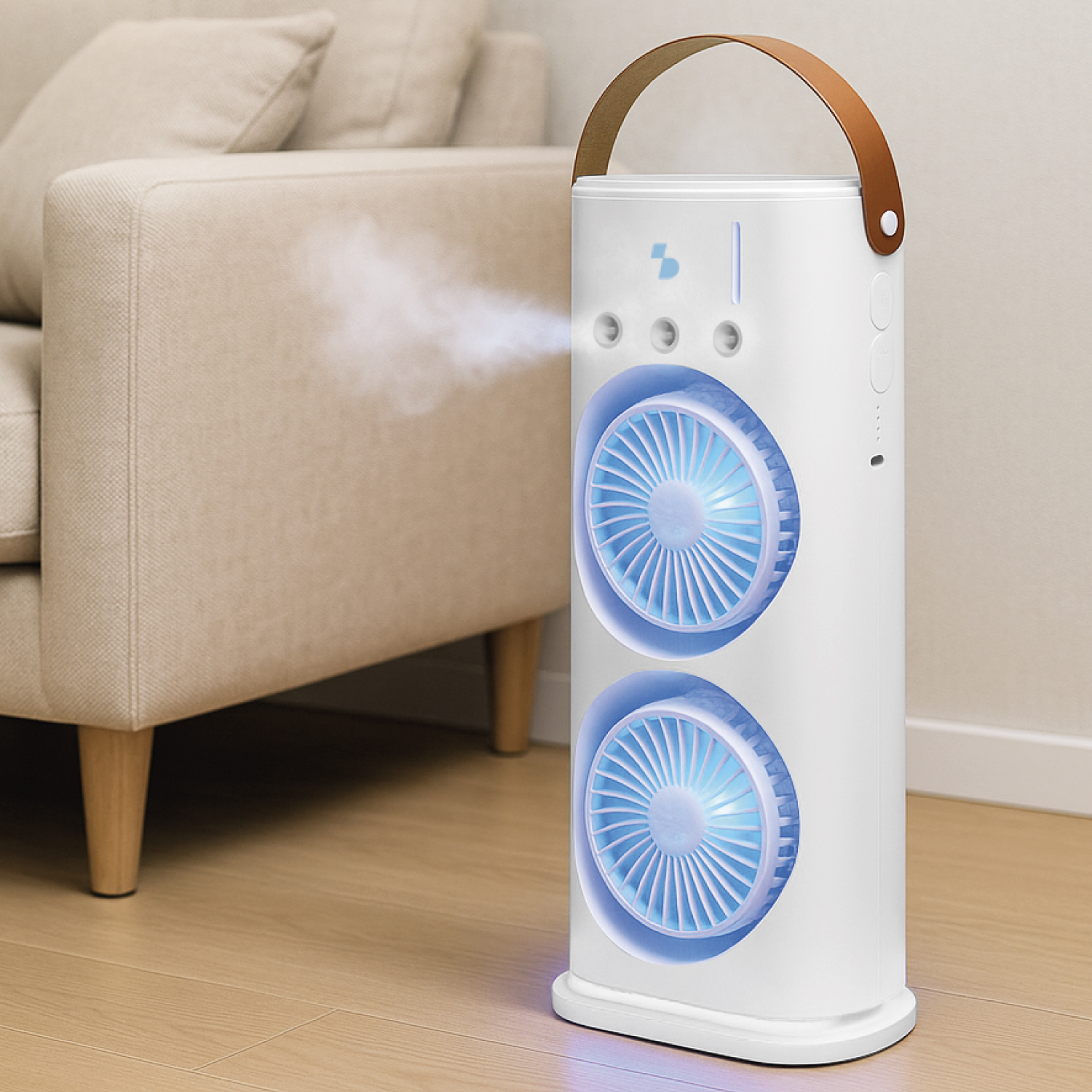 Ventilatore a torre bianco con luci blu emette nebbia vicino a un divano beige.