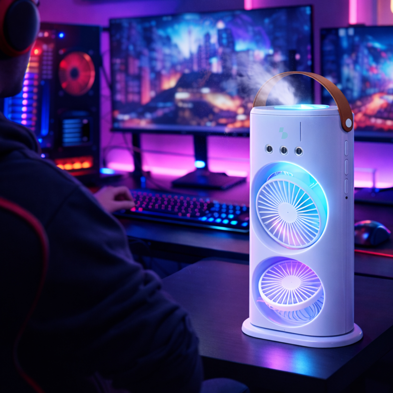 Un umidificatore bianco con luci blu e viola è seduto su una scrivania con un setup da gamer.