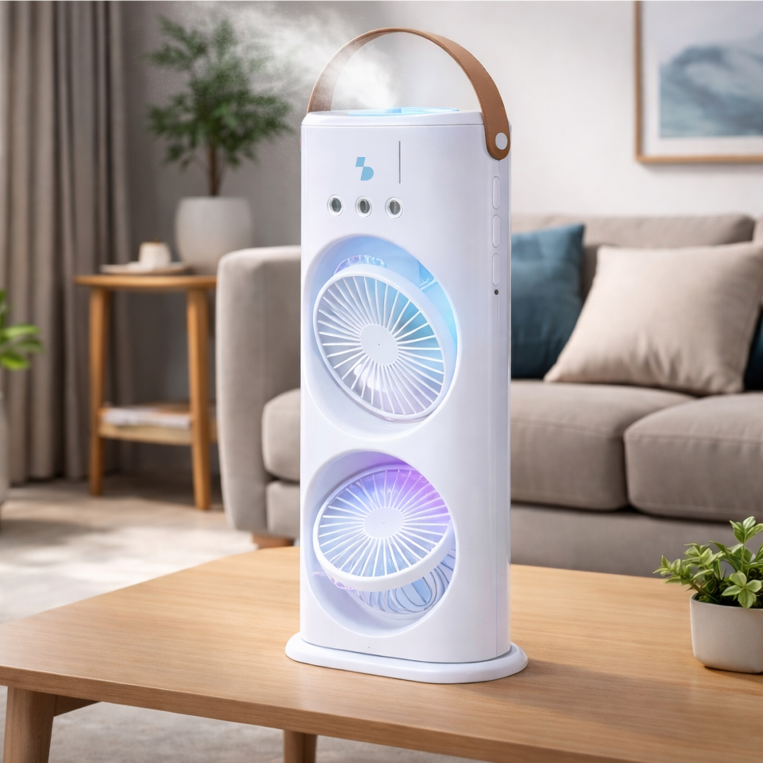 Un refrigeratore d'aria bianco con due ventole e illuminazione blu-viola è su un tavolo di legno.
