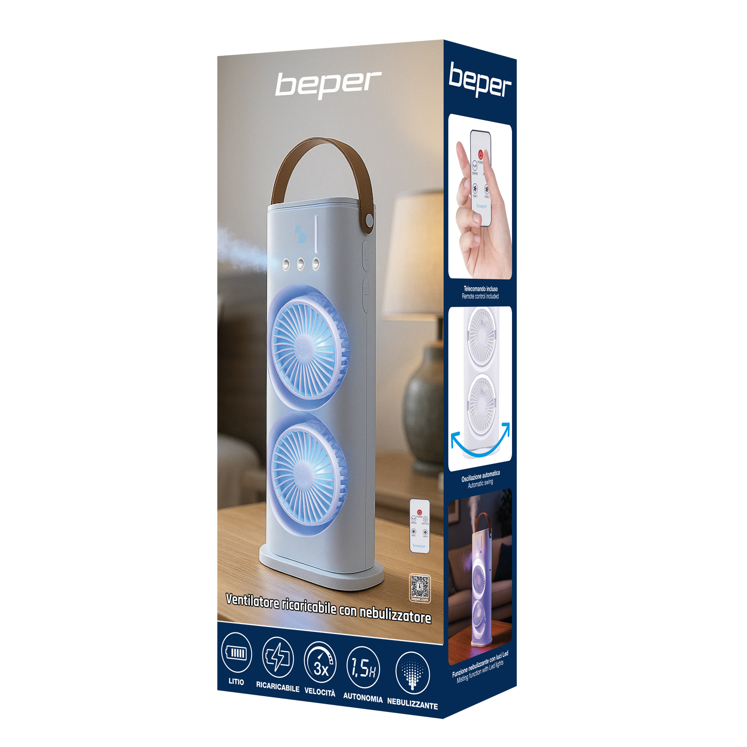 Ventilatore Beper ricaricabile con nebulizzatore, bianco, con telecomando e LED.