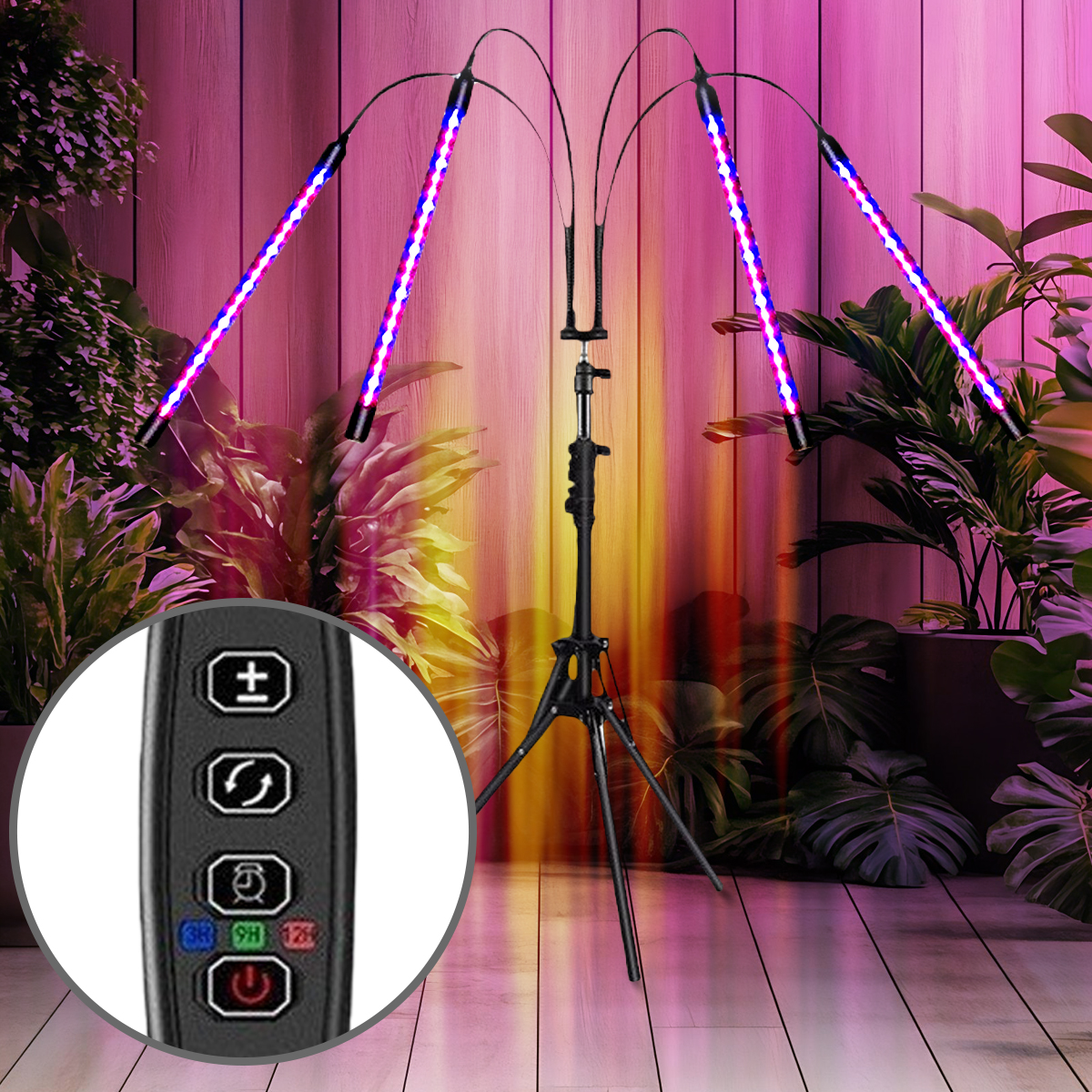 Un trépied avec quatre lampes de croissance LED et un gros plan d'une télécommande.
