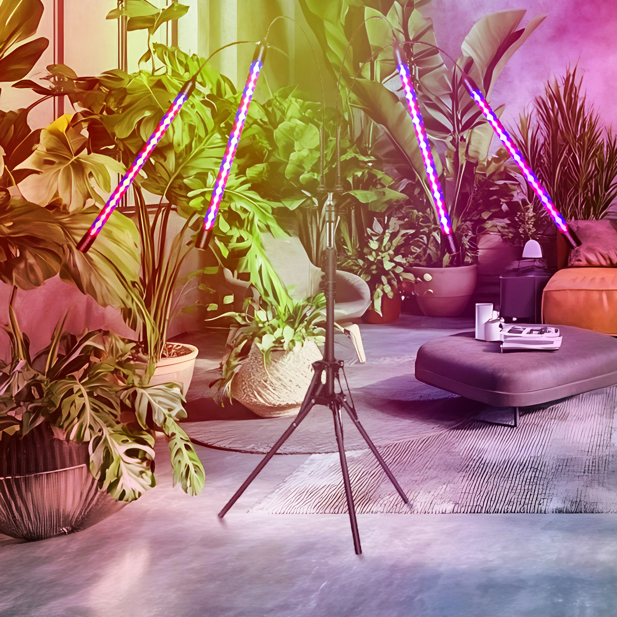 Trépied avec trois lampes de croissance LED illumine des plantes vertes luxuriantes dans une pièce moderne.