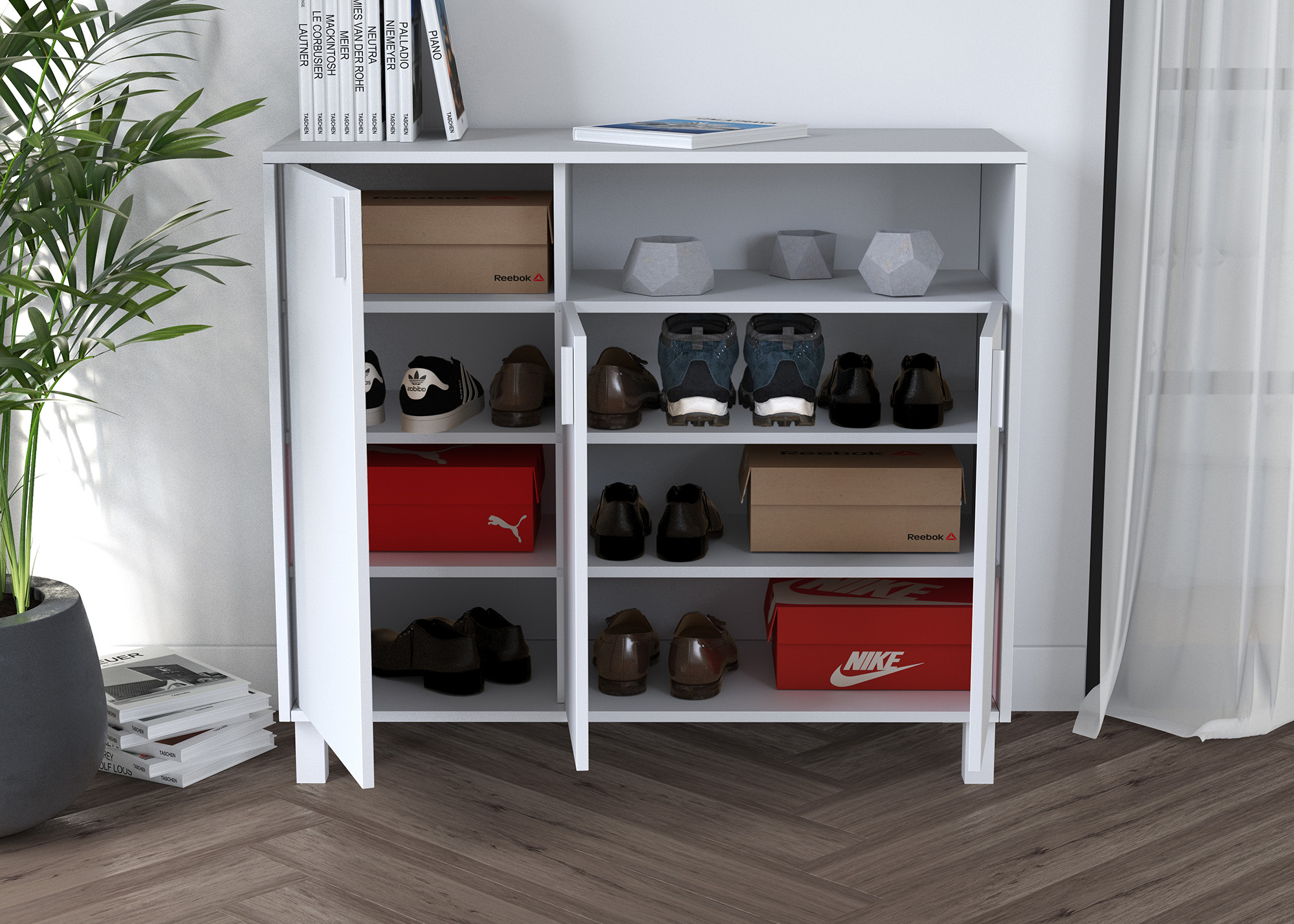 Zapatero blanco con zapatos, cajas y decoración. Planta frondosa a la izquierda.