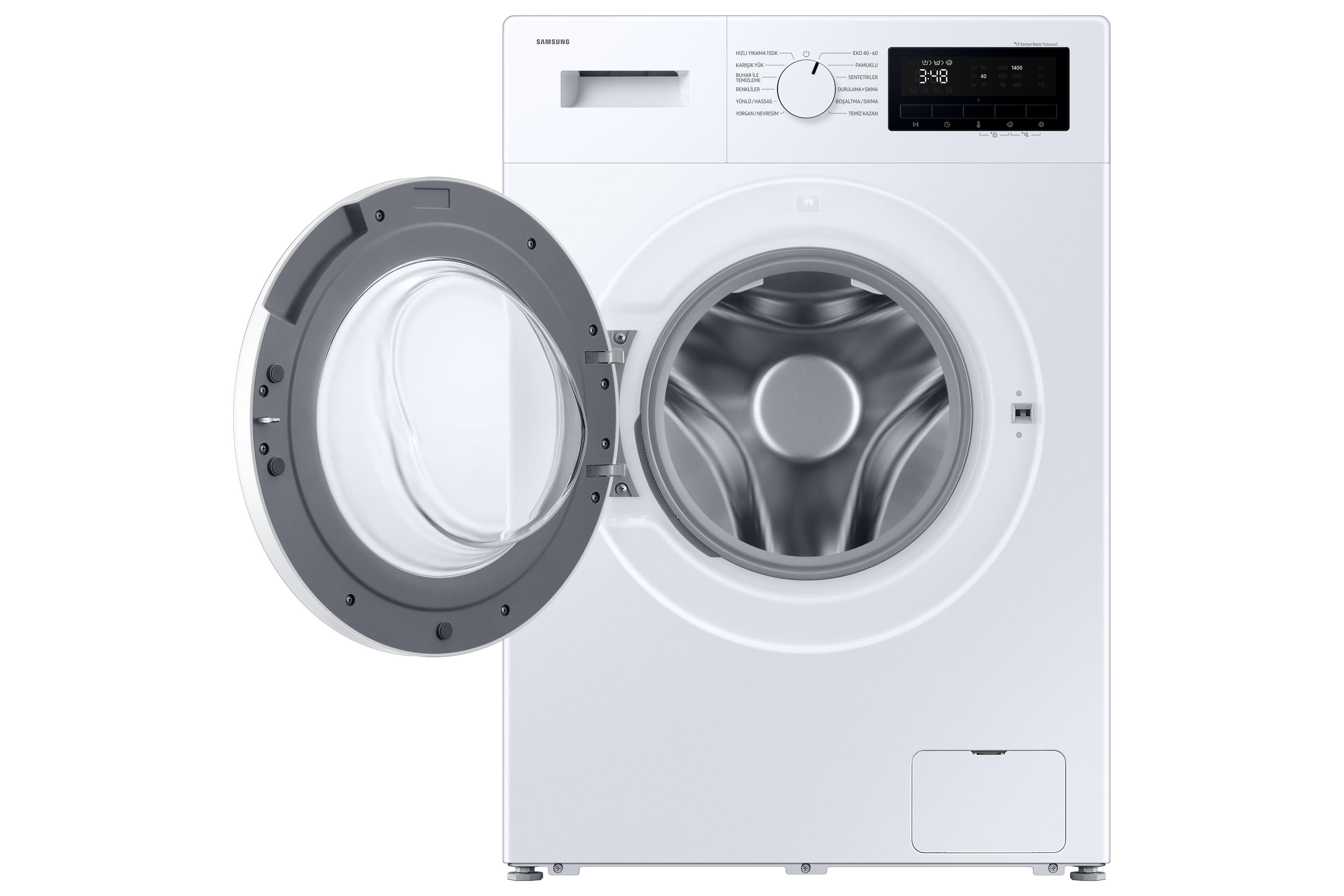 Kapısı açık, kontrol panelli beyaz Samsung çamaşır makinesi.