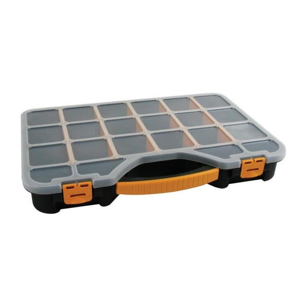 Un organizer nero con 20 scomparti trasparenti e clip arancioni.