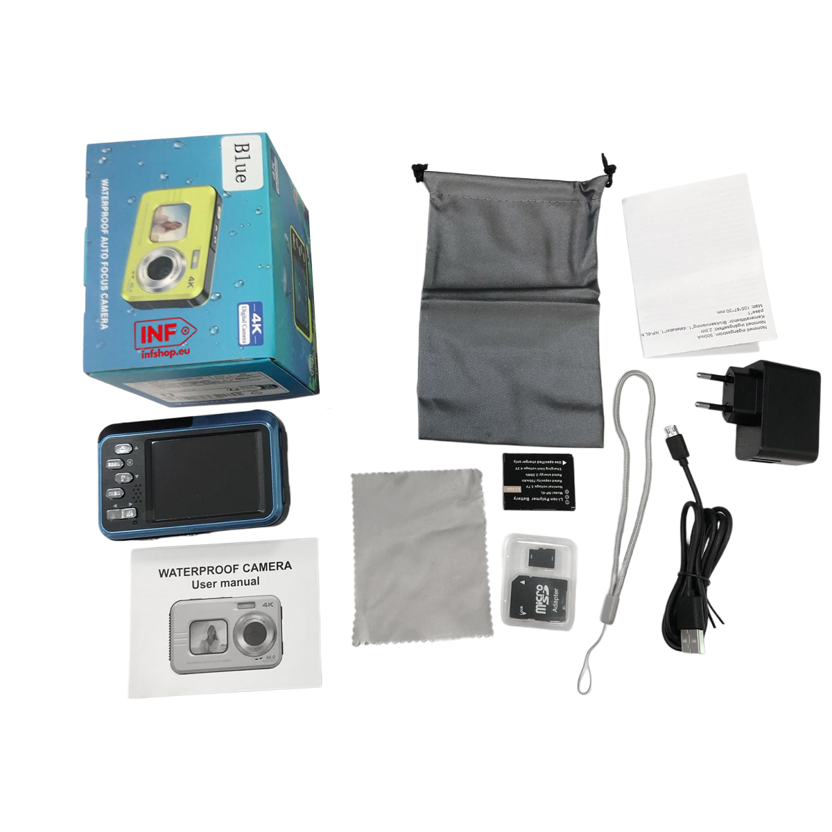 Ein blauer wasserdichter Fotoapparat mit Zubehör: Ladekabel, Netzteil, Tasche, Anleitung.