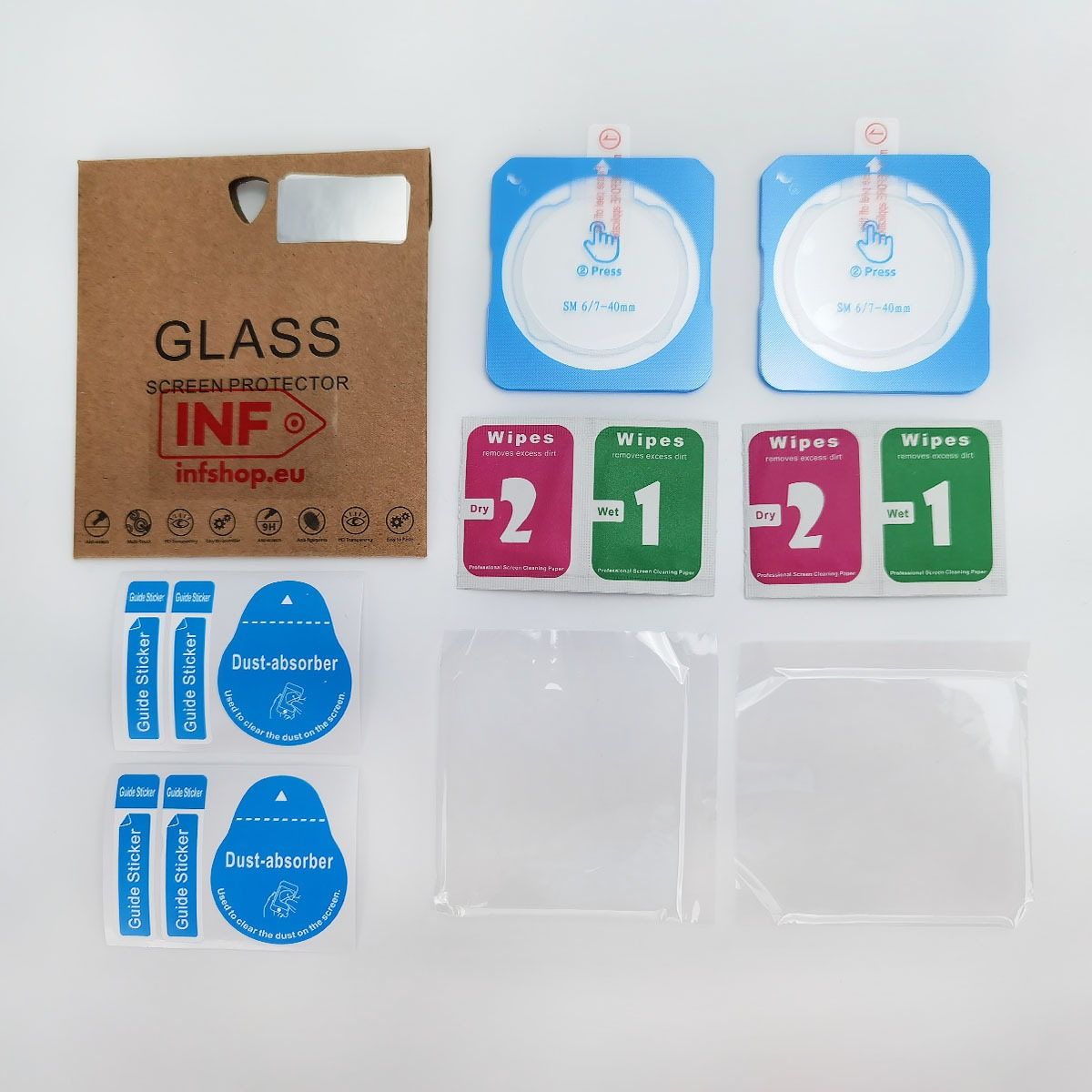 Kit protettore schermo con salviette, assorbi polvere e adesivi guida.