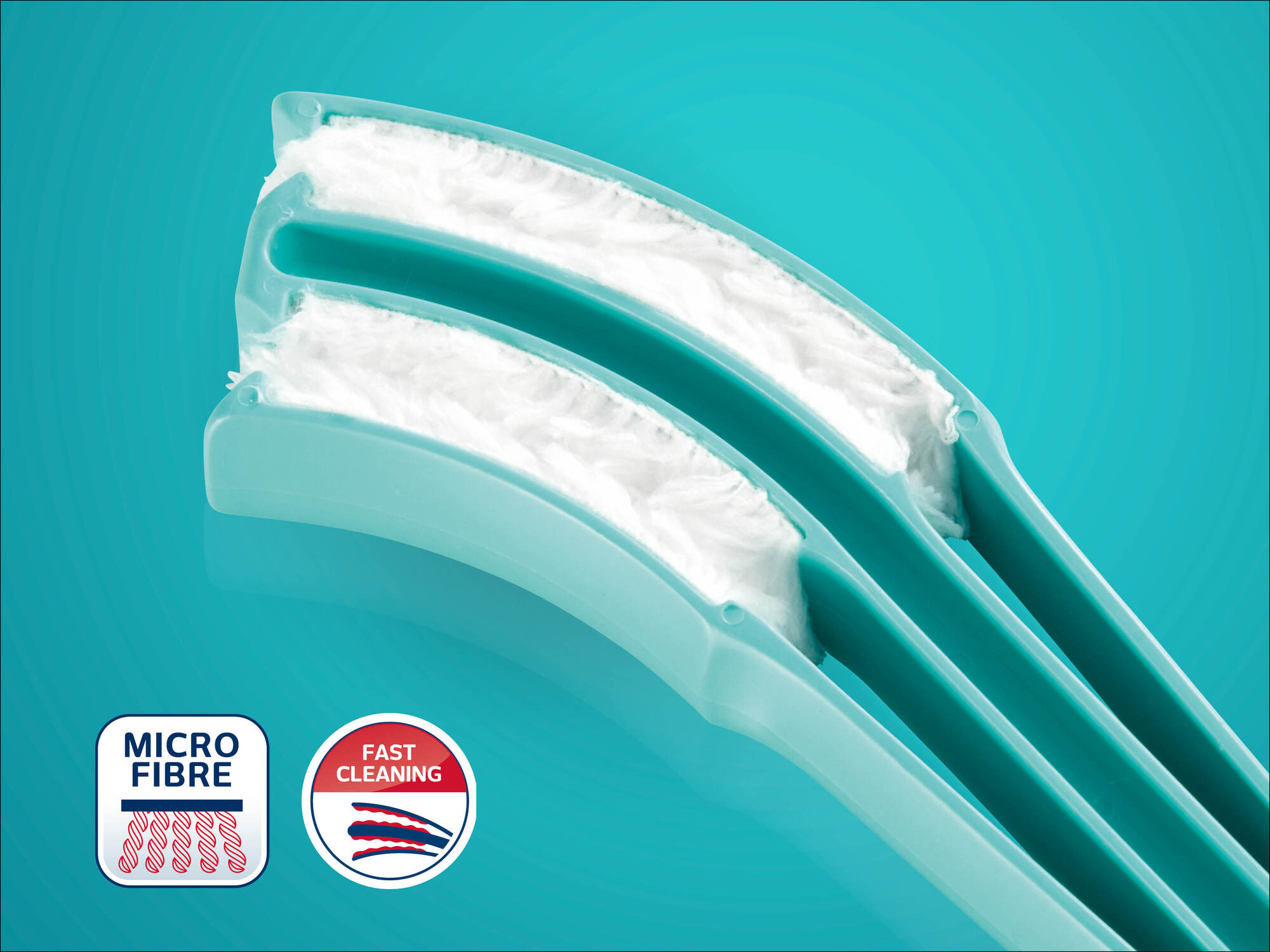 Herramientas de limpieza turquesa con cerdas de microfibra blancas, primer plano.