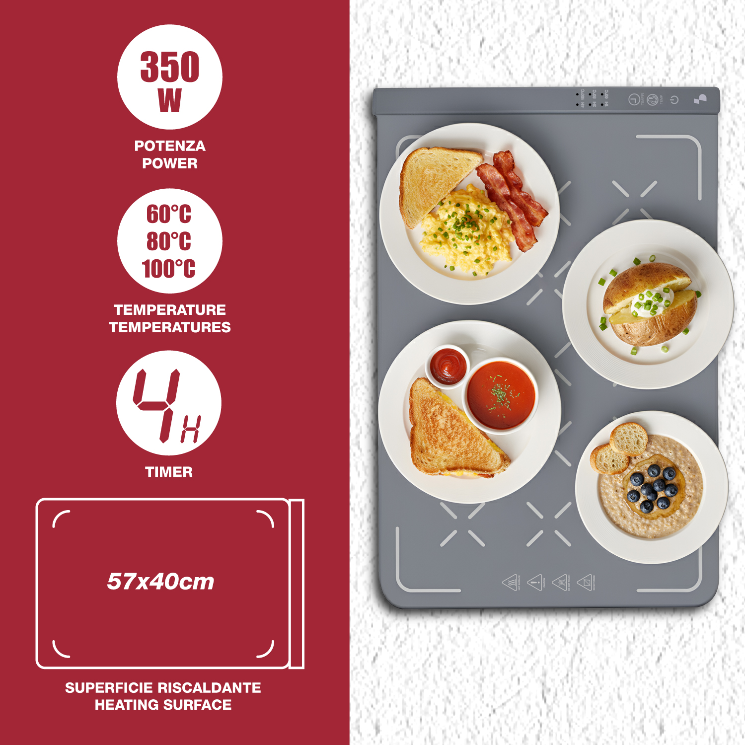 Una superficie riscaldante da 350W con timer mostra 4 piatti: colazione, patata al forno, toast, porridge.