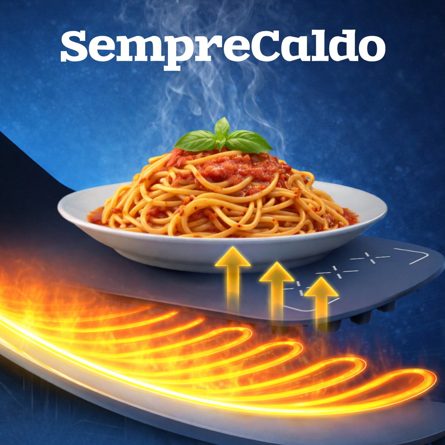 Piatto di spaghetti fumante su un riscaldatore con spirali riscaldanti arancioni.