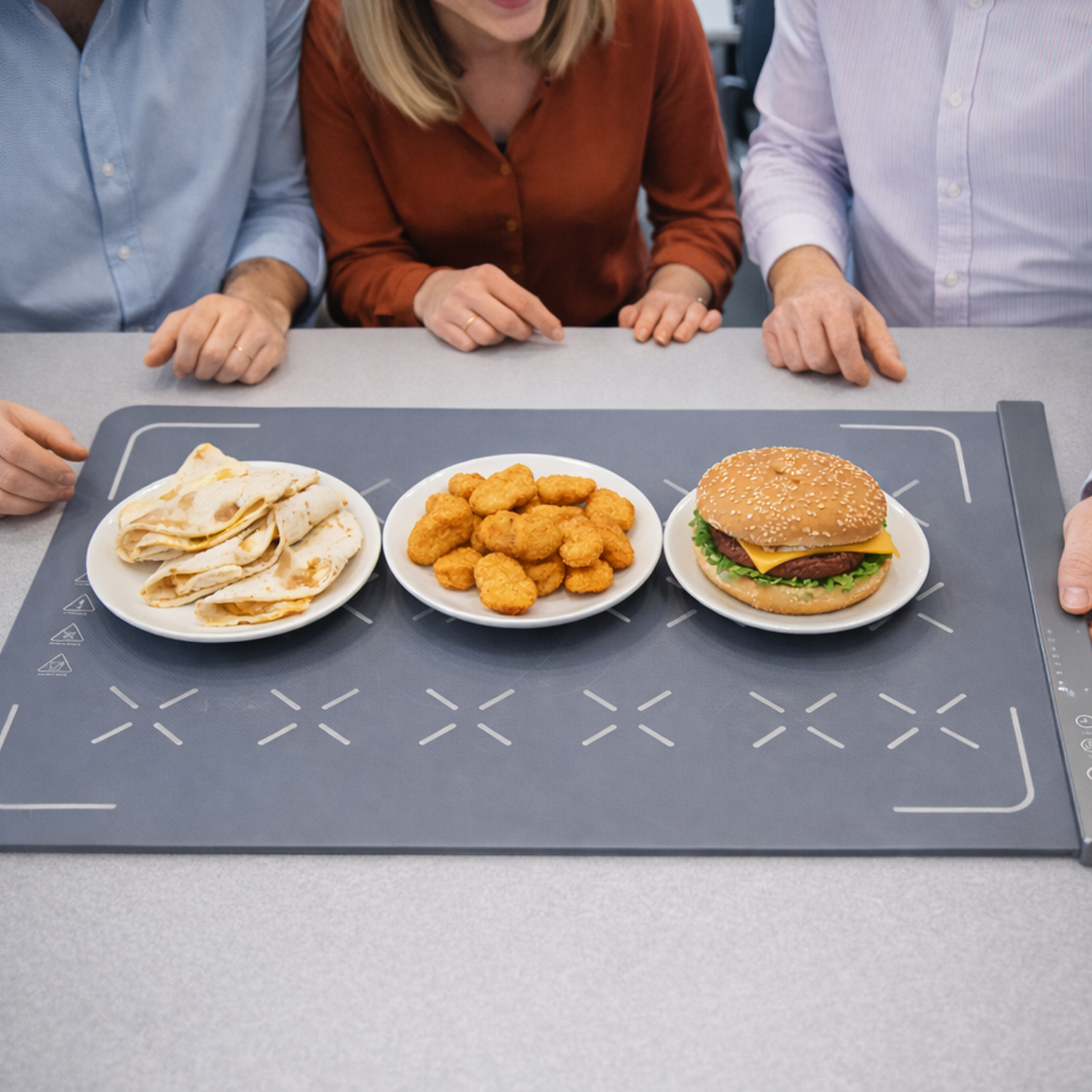 Tre piatti di cibo: wrap, crocchette di pollo e un hamburger, davanti a persone a un tavolo.
