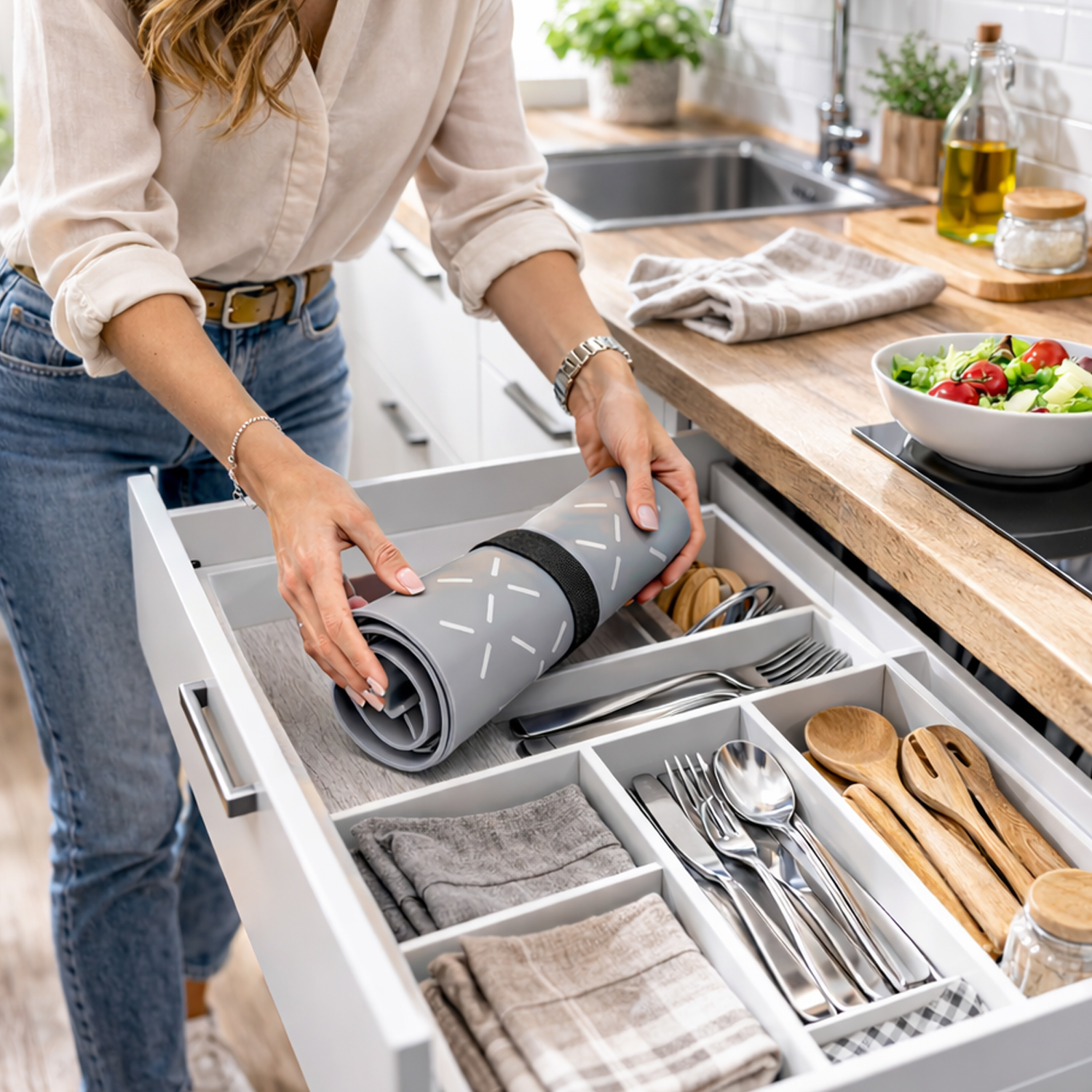 Una donna organizza un cassetto della cucina con utensili, inclusi posate e attrezzi di legno.