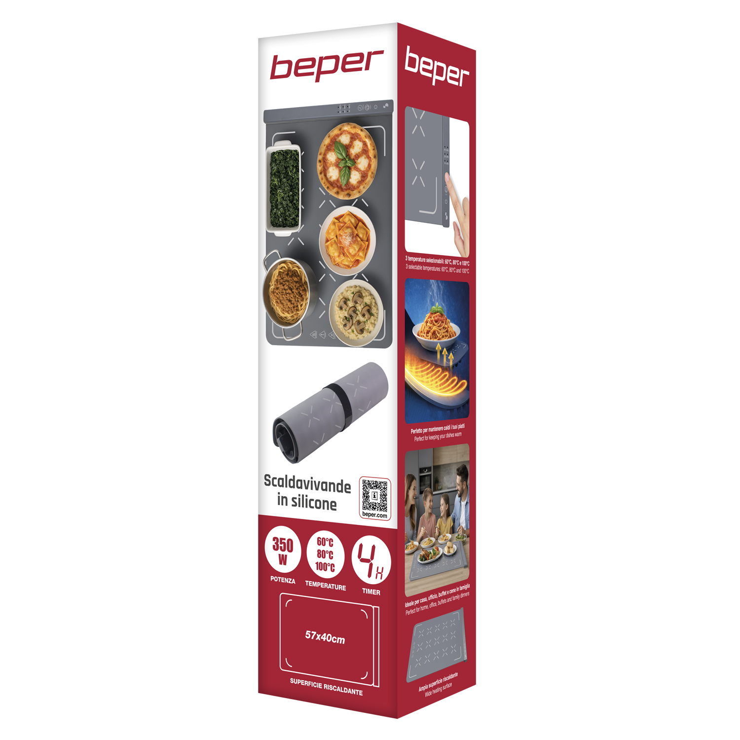Beper scaldavivande in silicone: 350W, 3 temp (60-100C), timer, 57x40cm.