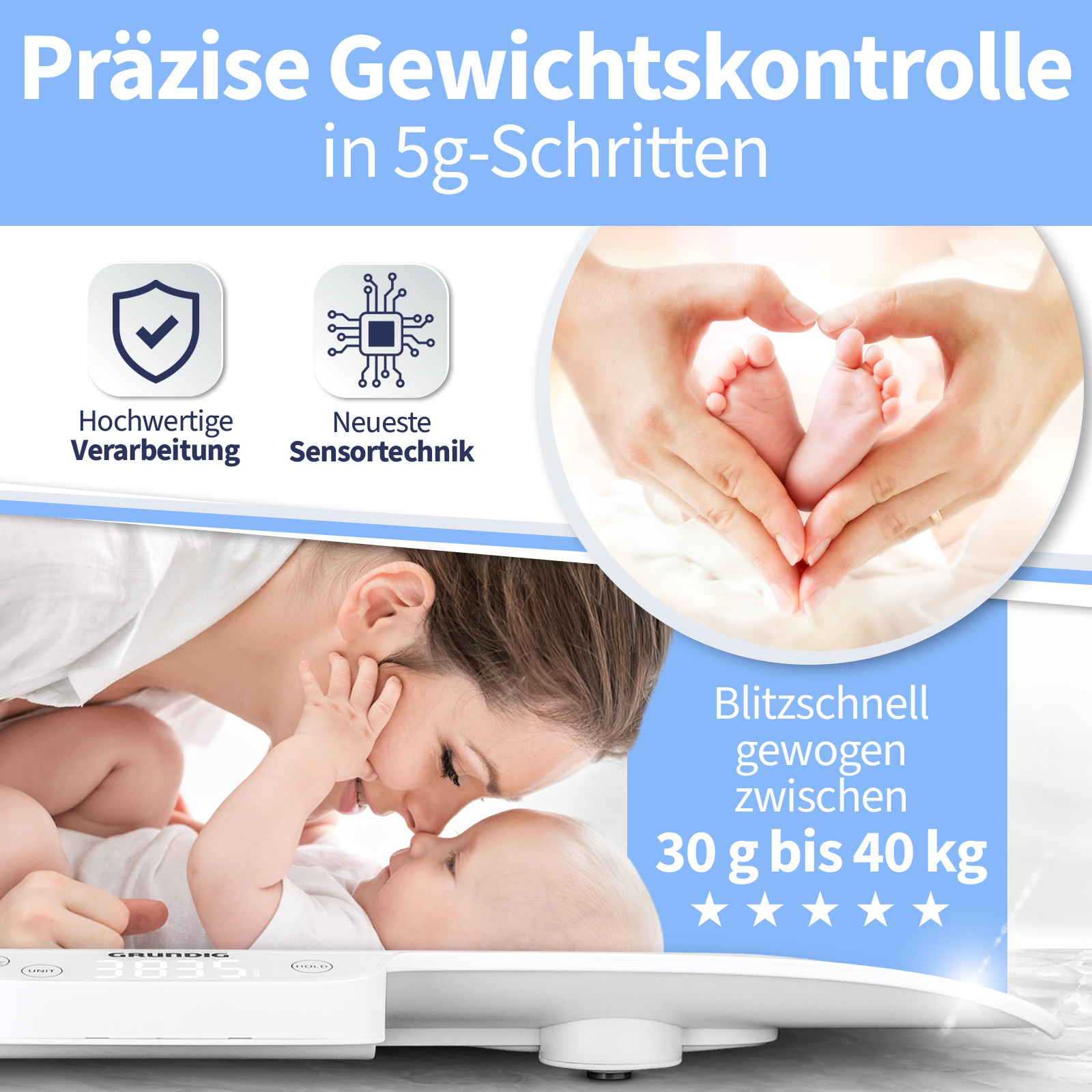 Eine Mutter hält ihr Baby auf einer Waage mit Anzeige „3835g“. Icons zeigen Qualität und Technik.