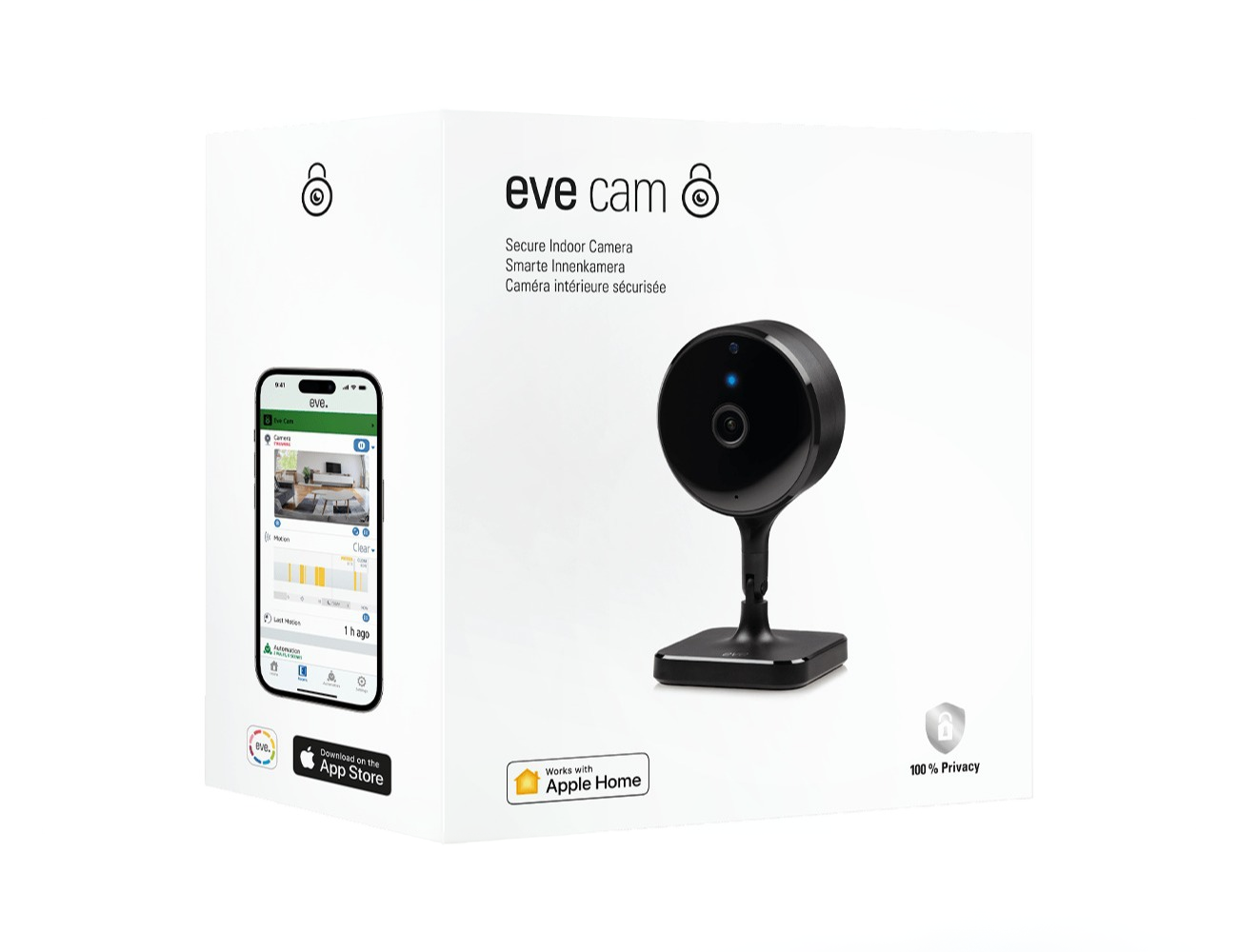 Opakowanie Eve Cam z kamerą, aplikacją na telefon i pieczęciami.