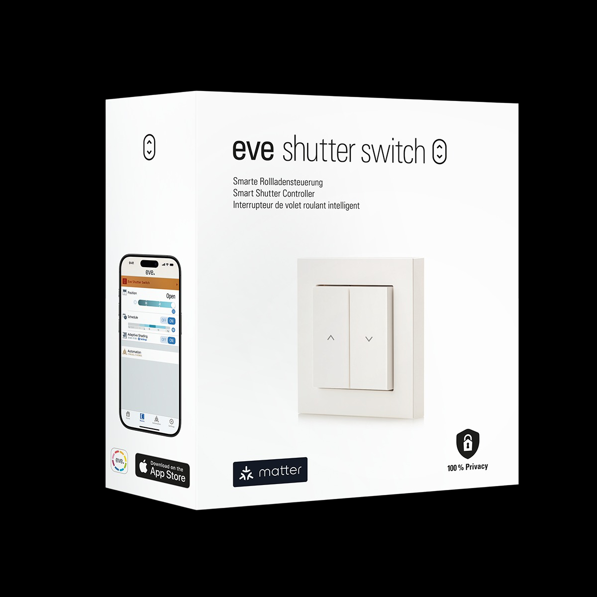 Verpackung für Eve Smart Shutter Switch mit Smartphone-App und Schalter.