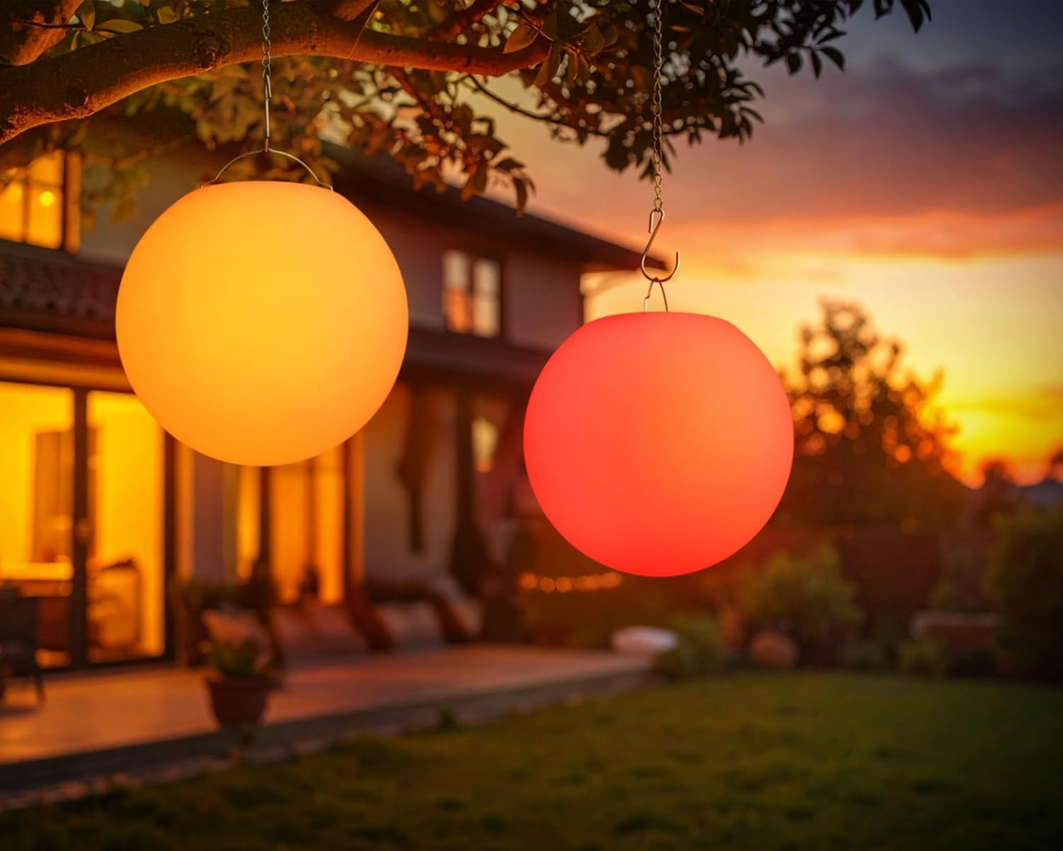 Deux sphères lumineuses pendent d'un arbre devant une maison au coucher du soleil.