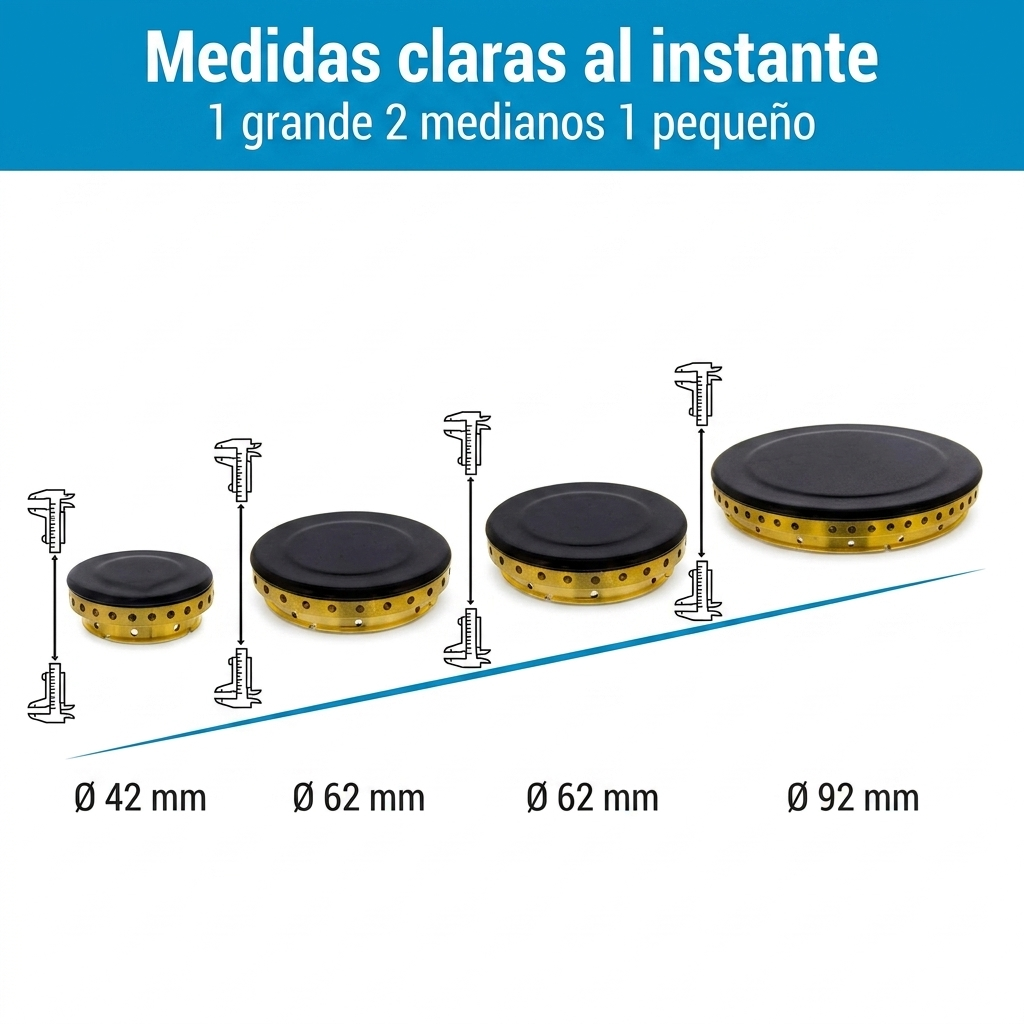 Cuatro tapas de quemador de diferentes tamaños con calibradores y diámetros.