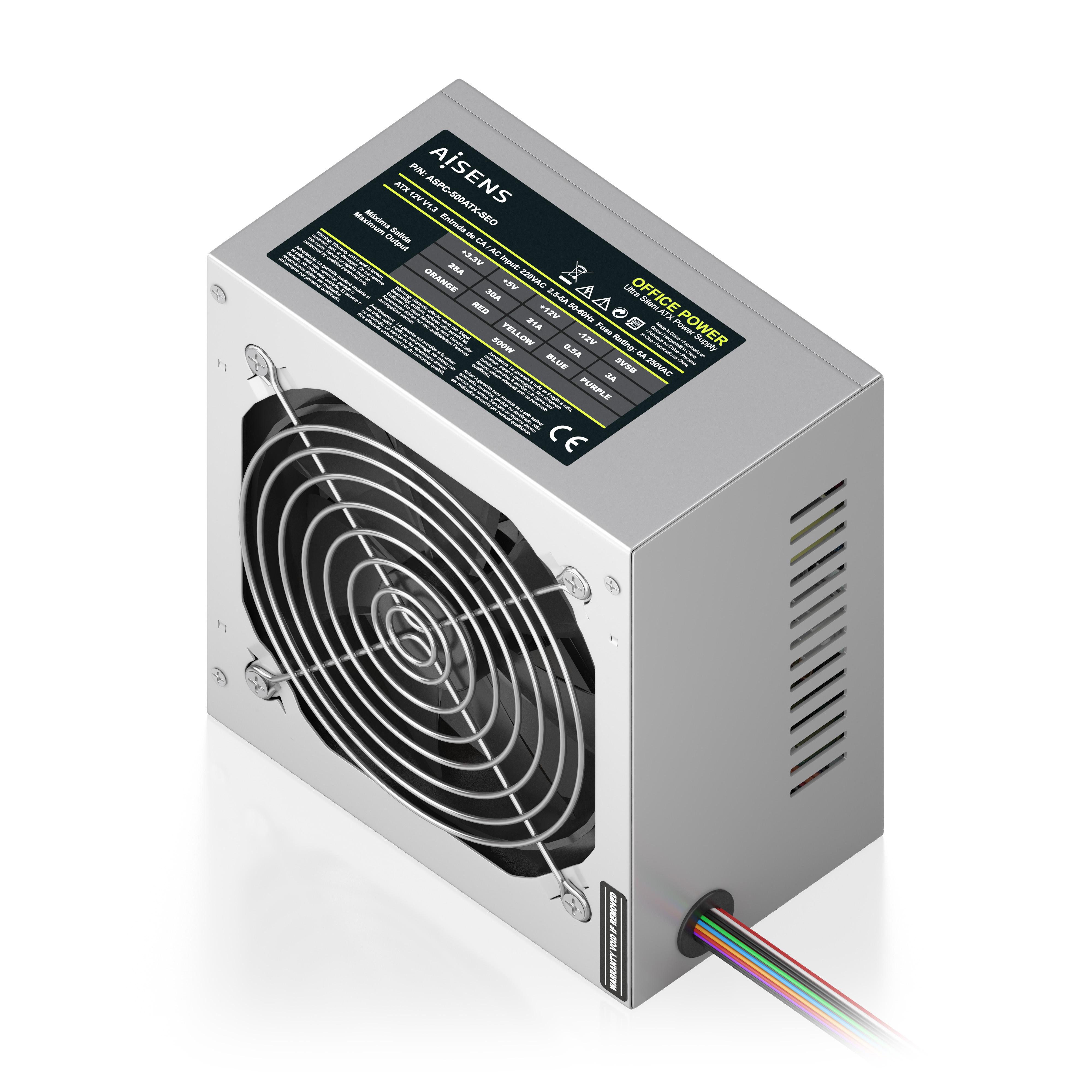Fuente de alimentación ATX gris con ventilador, cables y etiquetas.