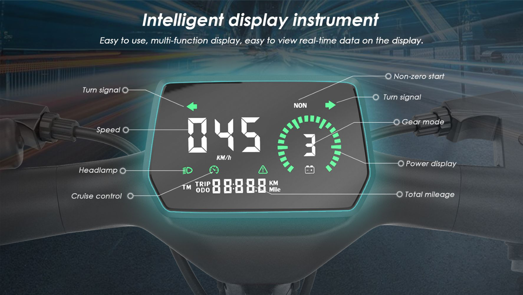 Display intelligente mostra velocità 45, marcia 3, chilometraggio e icone di avviso.