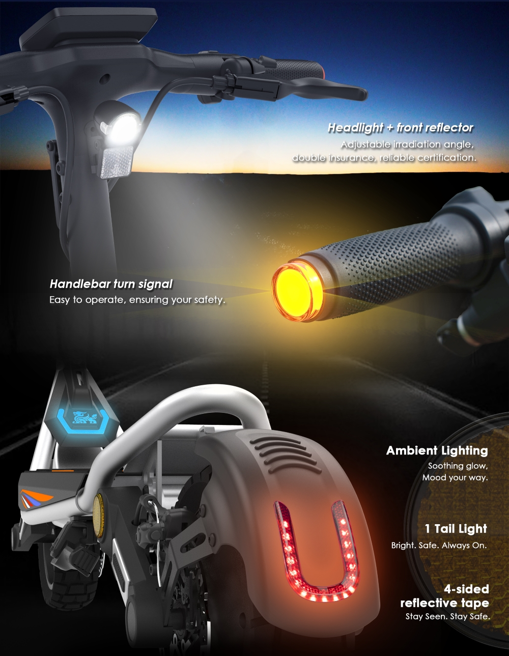 Monopattino elettrico con faro, frecce, fanale posteriore e nastro riflettente.