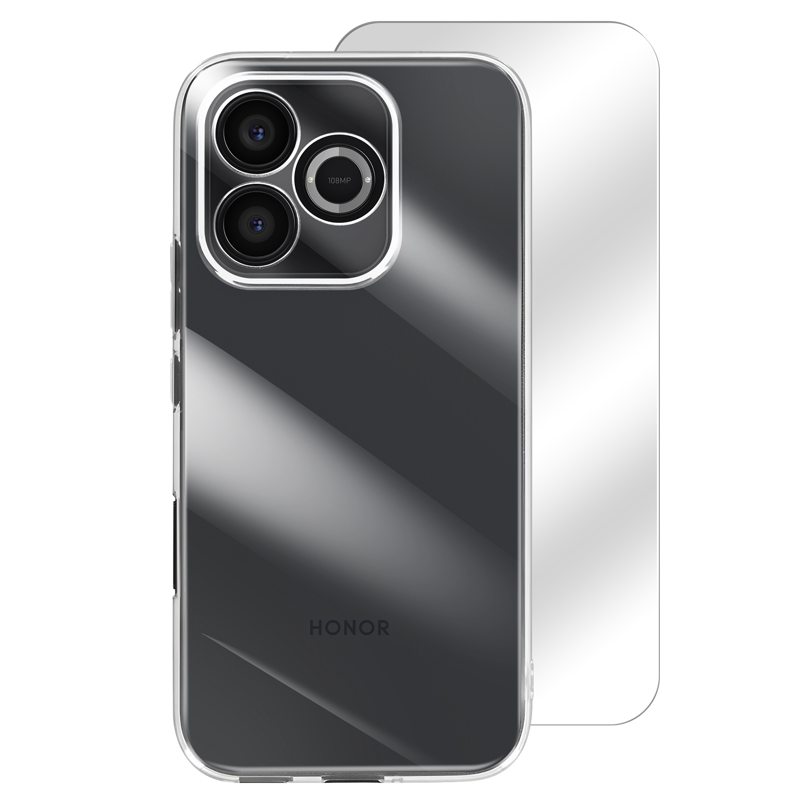 Transparente Hülle mit HONOR-Logo und 108MP-Kamera.
