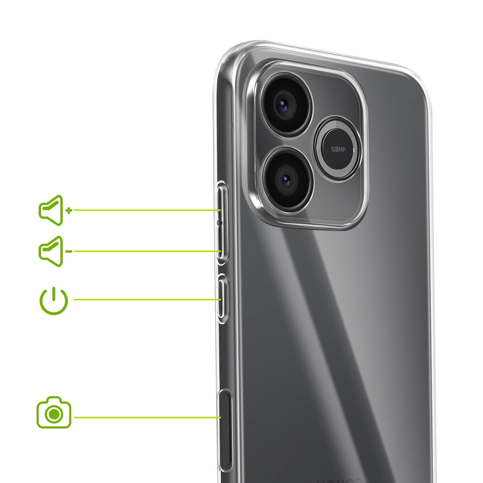 Nahaufnahme eines transparenten Handy-Cases mit hervorgehobener 108MP-Kamera und Bedientasten.
