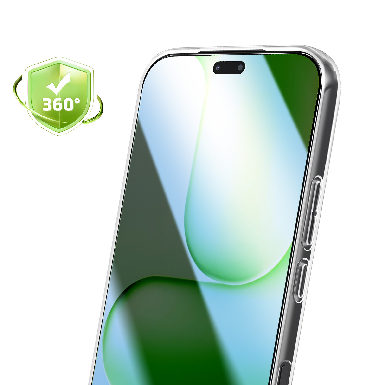 Transparente Handyhülle mit 360-Grad-Schutz-Symbol und einem Smartphone.