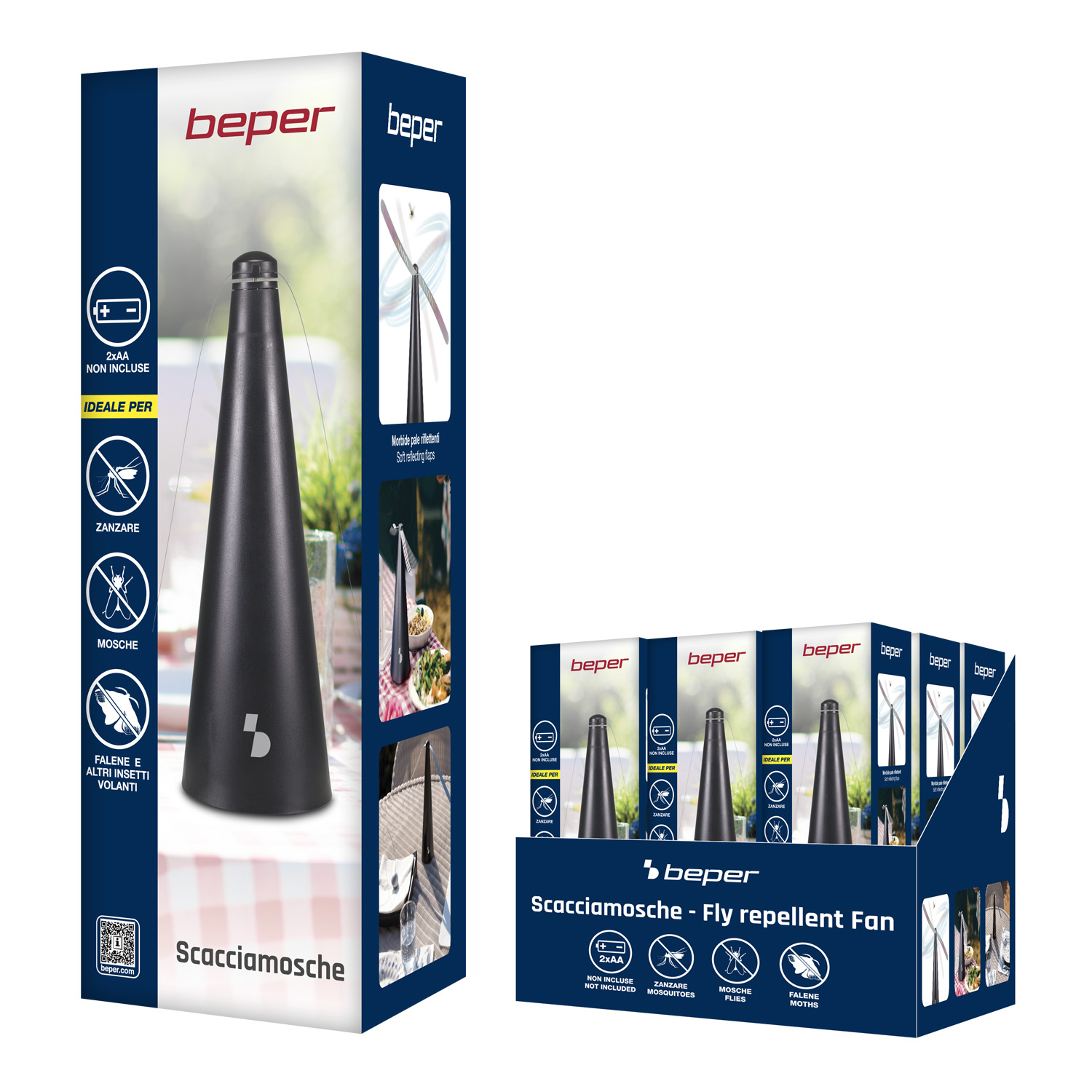 Confezione ventilatore antimosche Beper con ventilatore nero e informazioni prodotto.