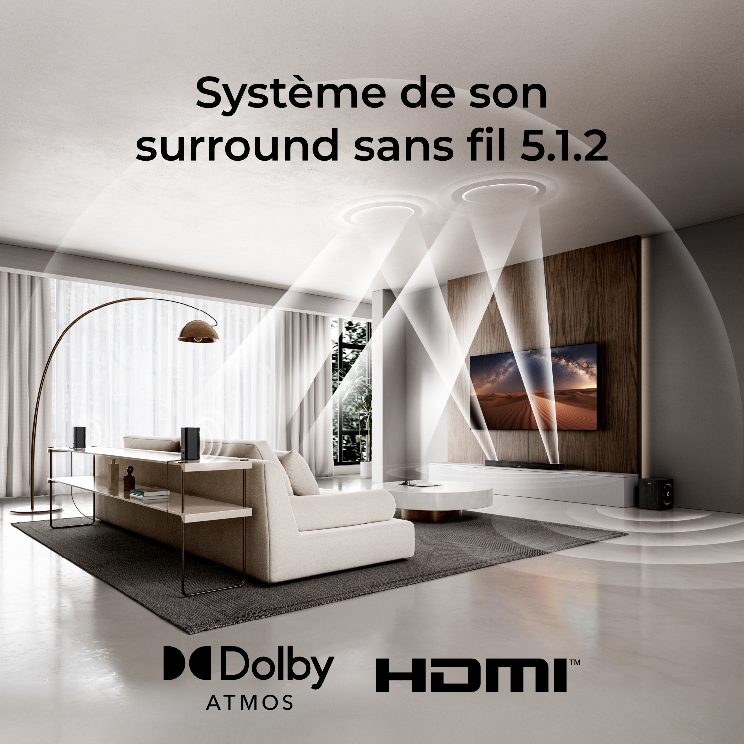 Ein modernes Wohnzimmer mit einem kabellosen 5.1.2 Surround-Sound-System.