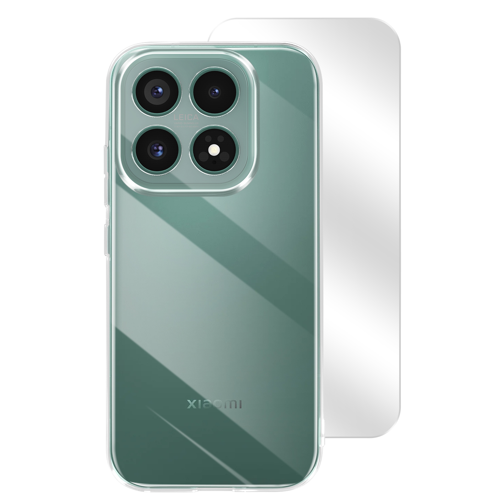 Grünes Smartphone mit vier Kameras und transparentem Gehäuse. Xiaomi-Logo unten.