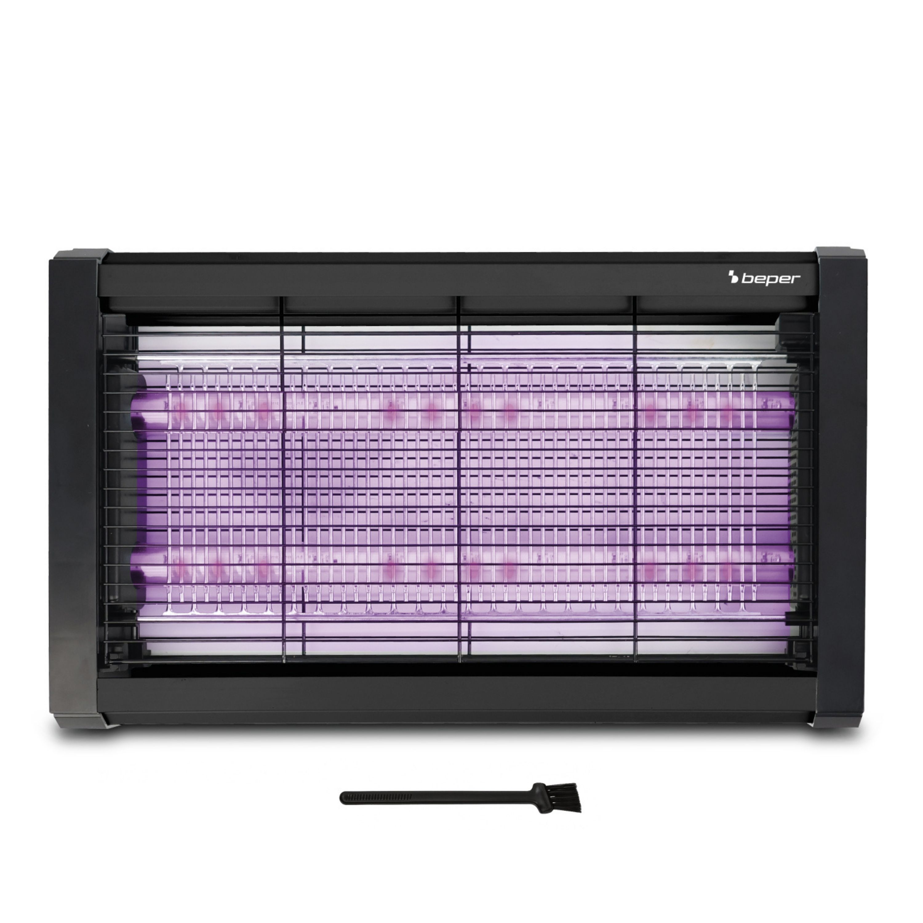 Disinfestatore nero con luce UV viola e spazzola di pulizia.