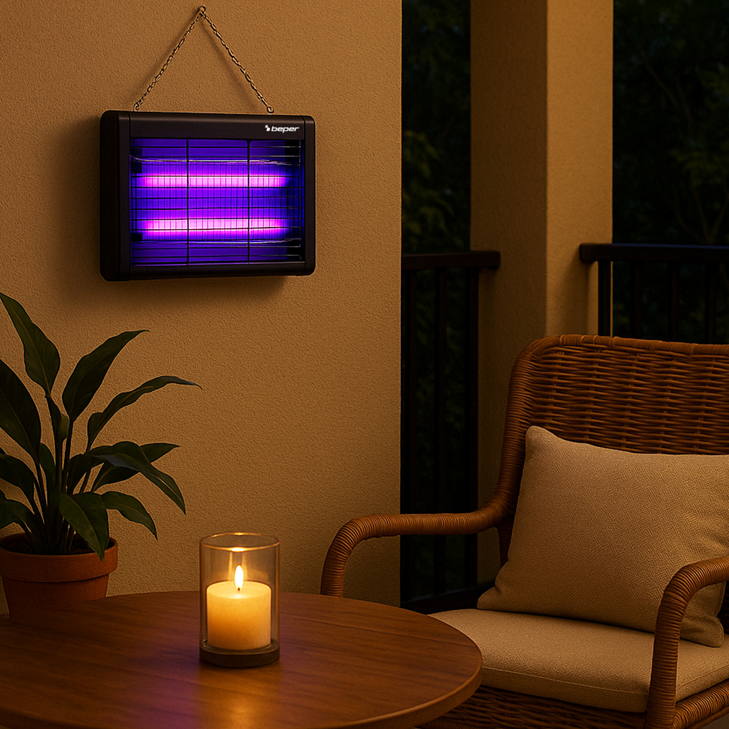 Uno zapper per insetti nero con luci viola appeso a un muro sopra un tavolo.