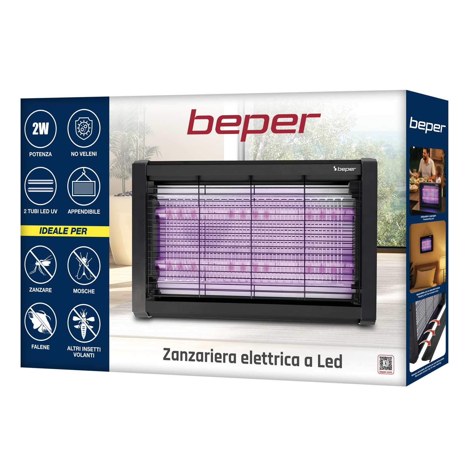 Un insetticida elettrico a LED con luce UV viola su una scatola.